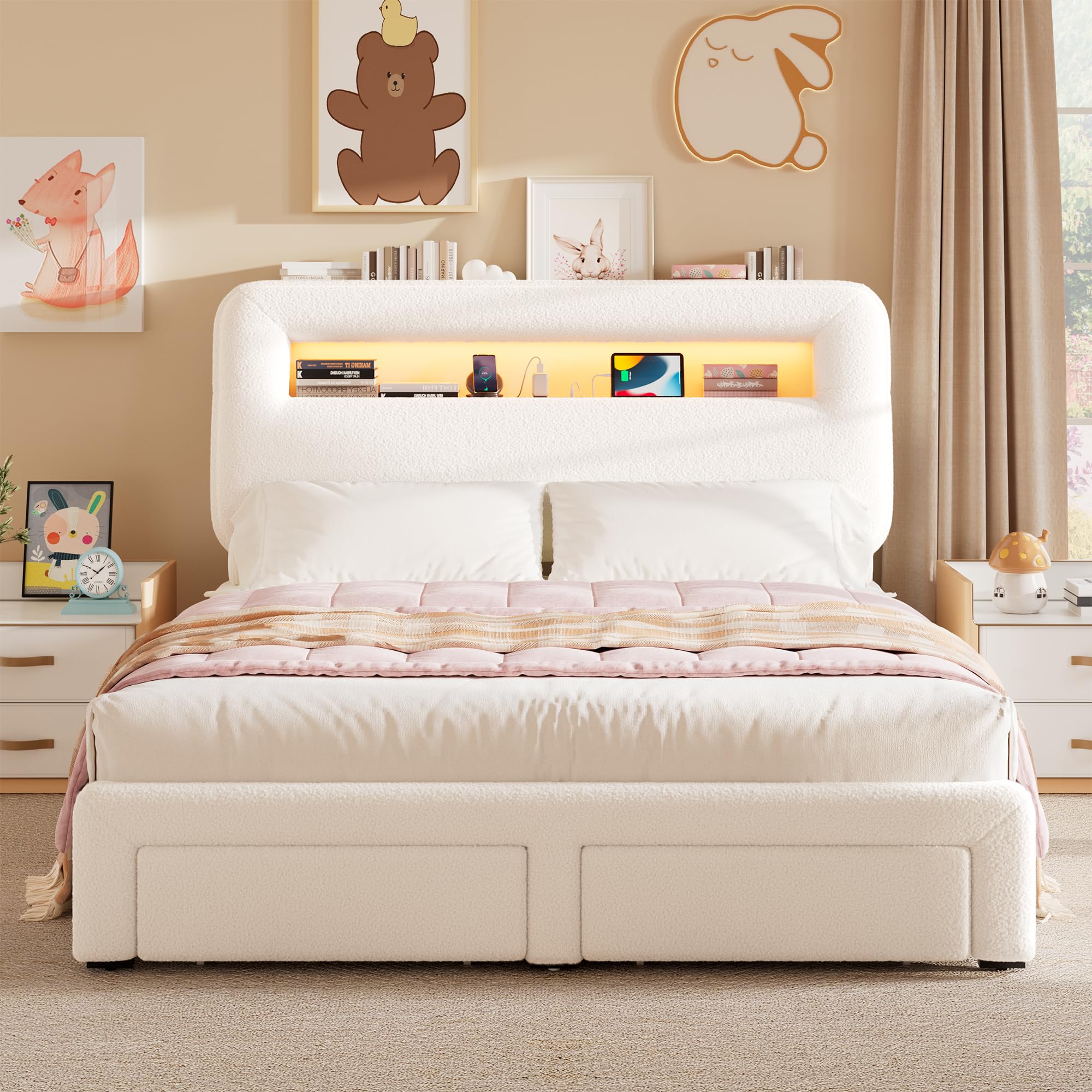 Full LED Bed Frame with Storage Headboard & Charging Station, Kids Bed Frames
