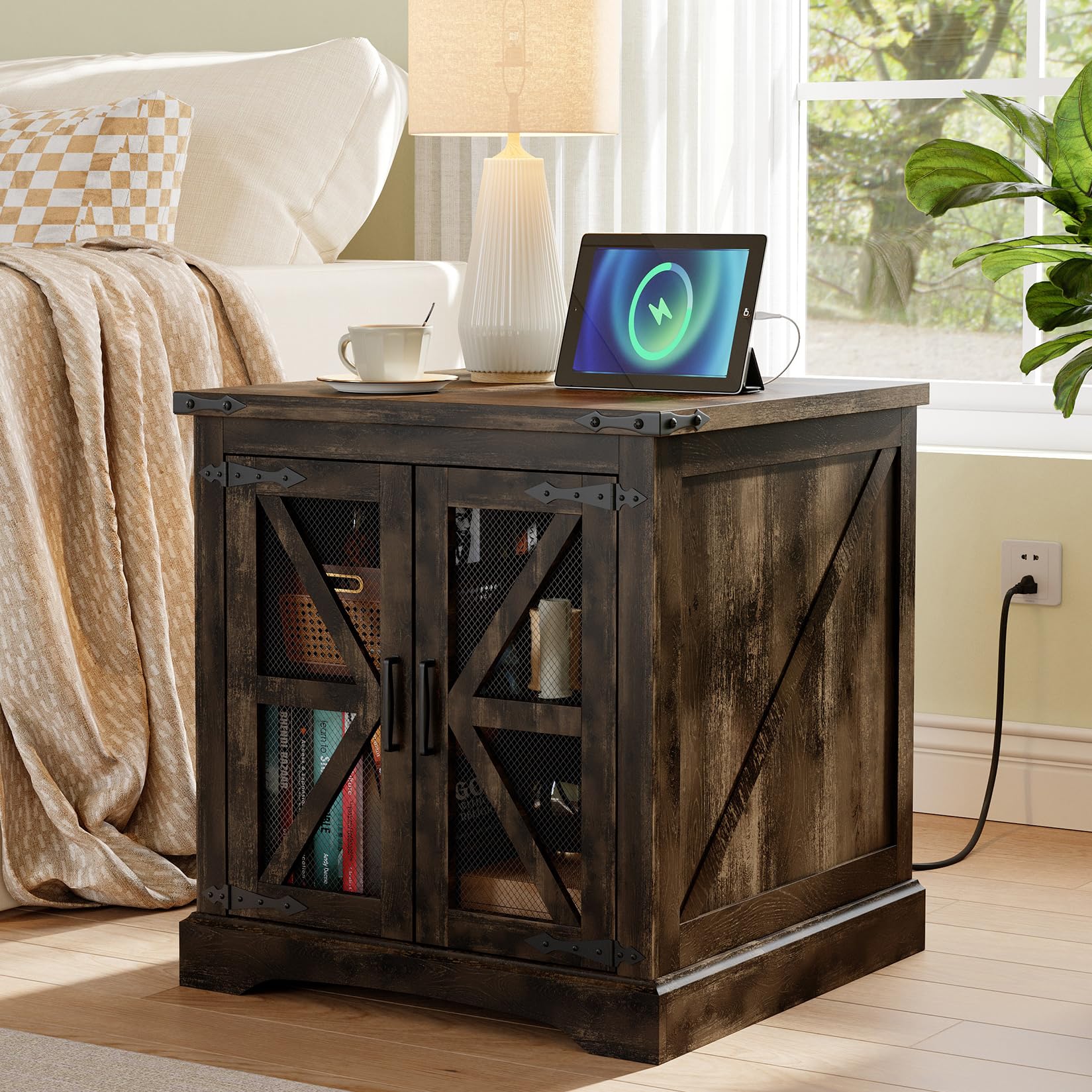 End Table, 24'' Farmhouse End Tables with Charging Station