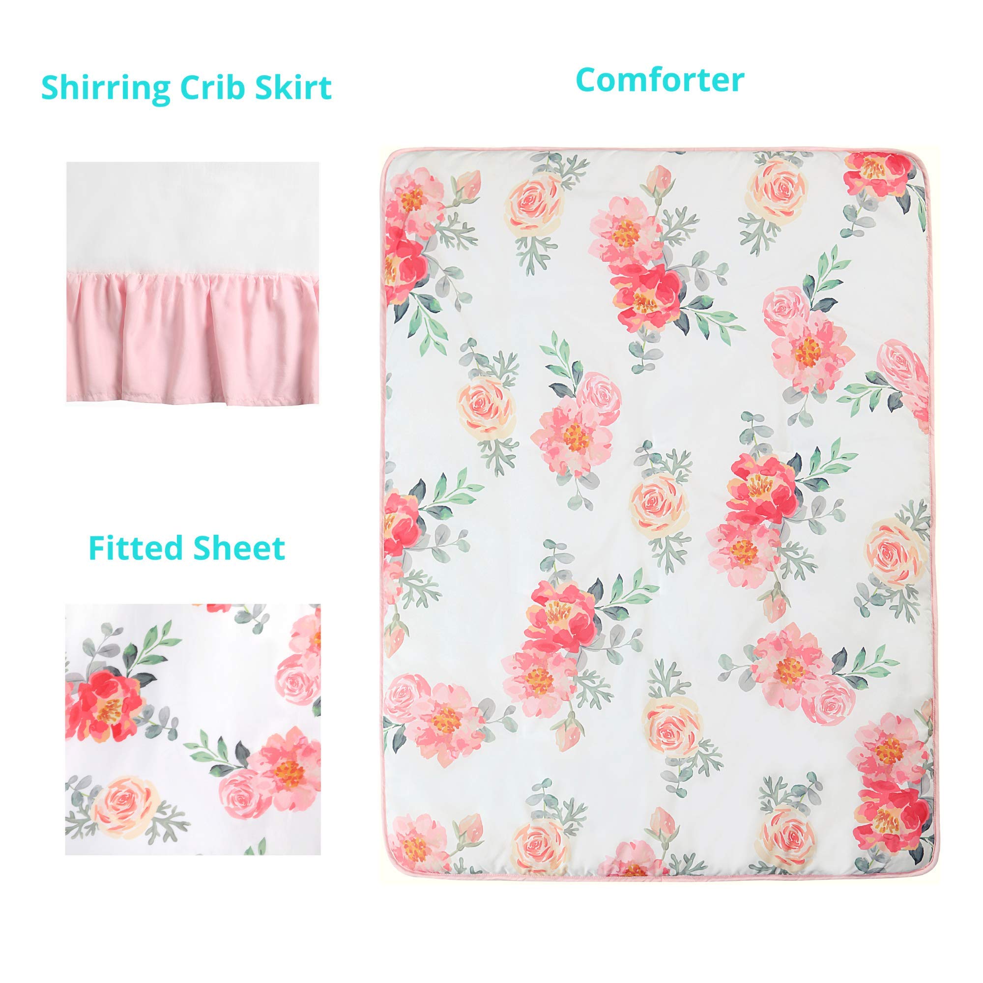 La Premura Baby Crib Bedding Set for Girls, Watercolor Floral 3 Piece Standard Size Crib Set for Baby Girl, Cunas para Bebes, Pastel Pink