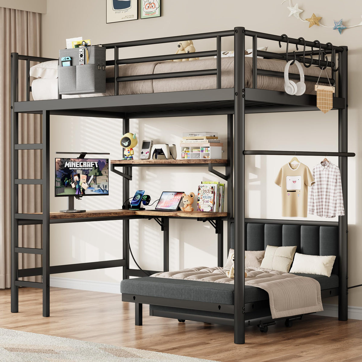Twin Loft Bed with Desk, Mattress & Storage