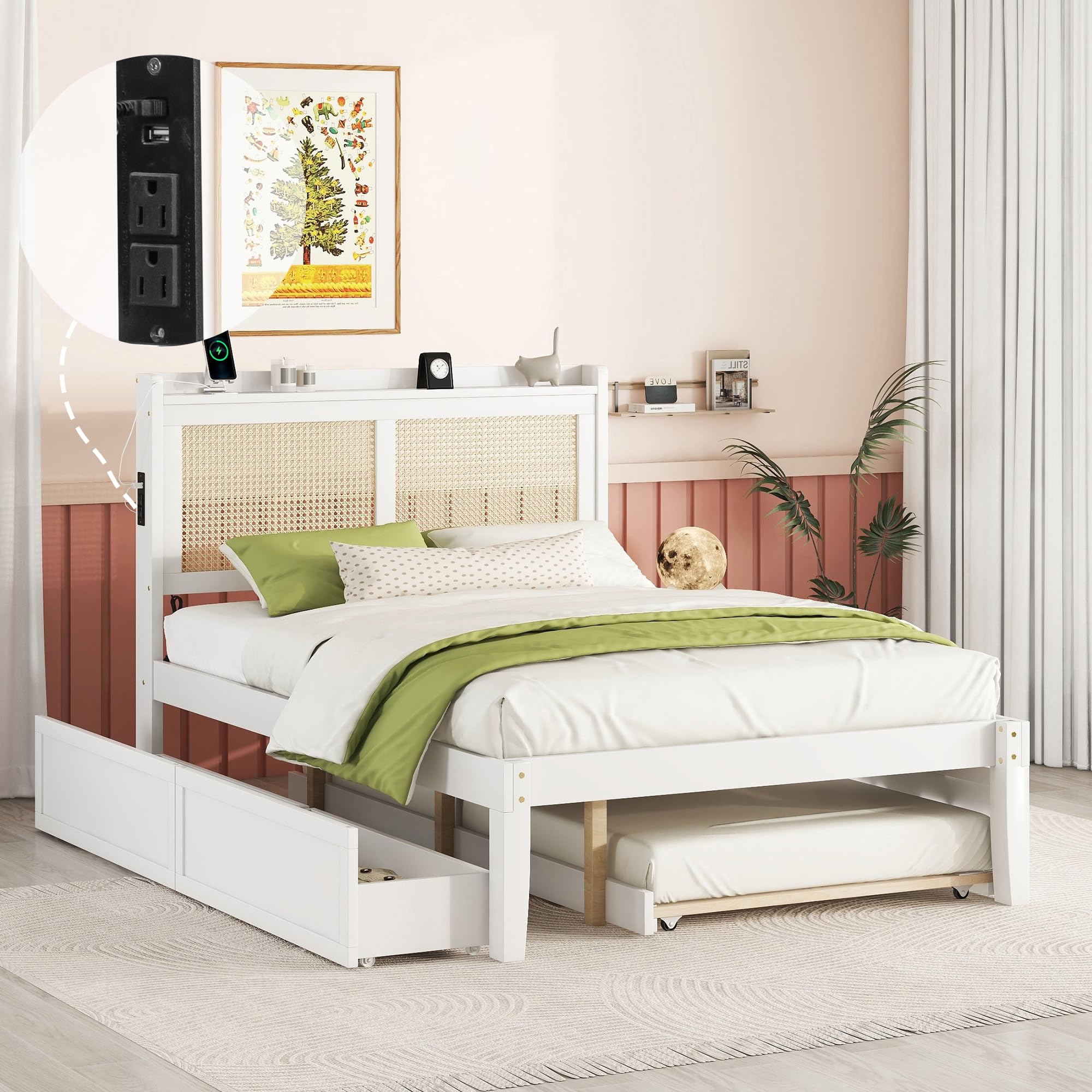 Full Size Elegant Bed Frame for Boys Girls Kids Adults Toddler with Rattan Headboard