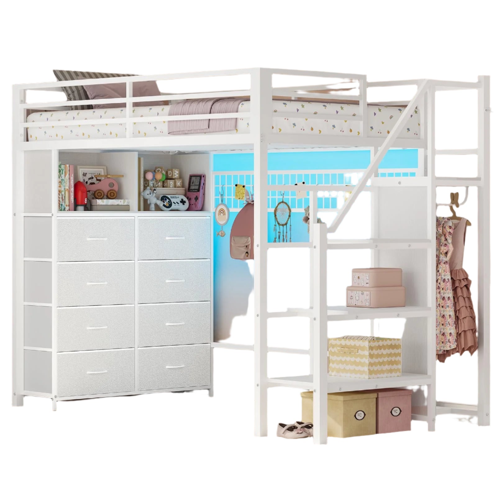 Twin Size Loft Bed with Stairs, 8 Storage Drawers, Metal Kids Loft Bed