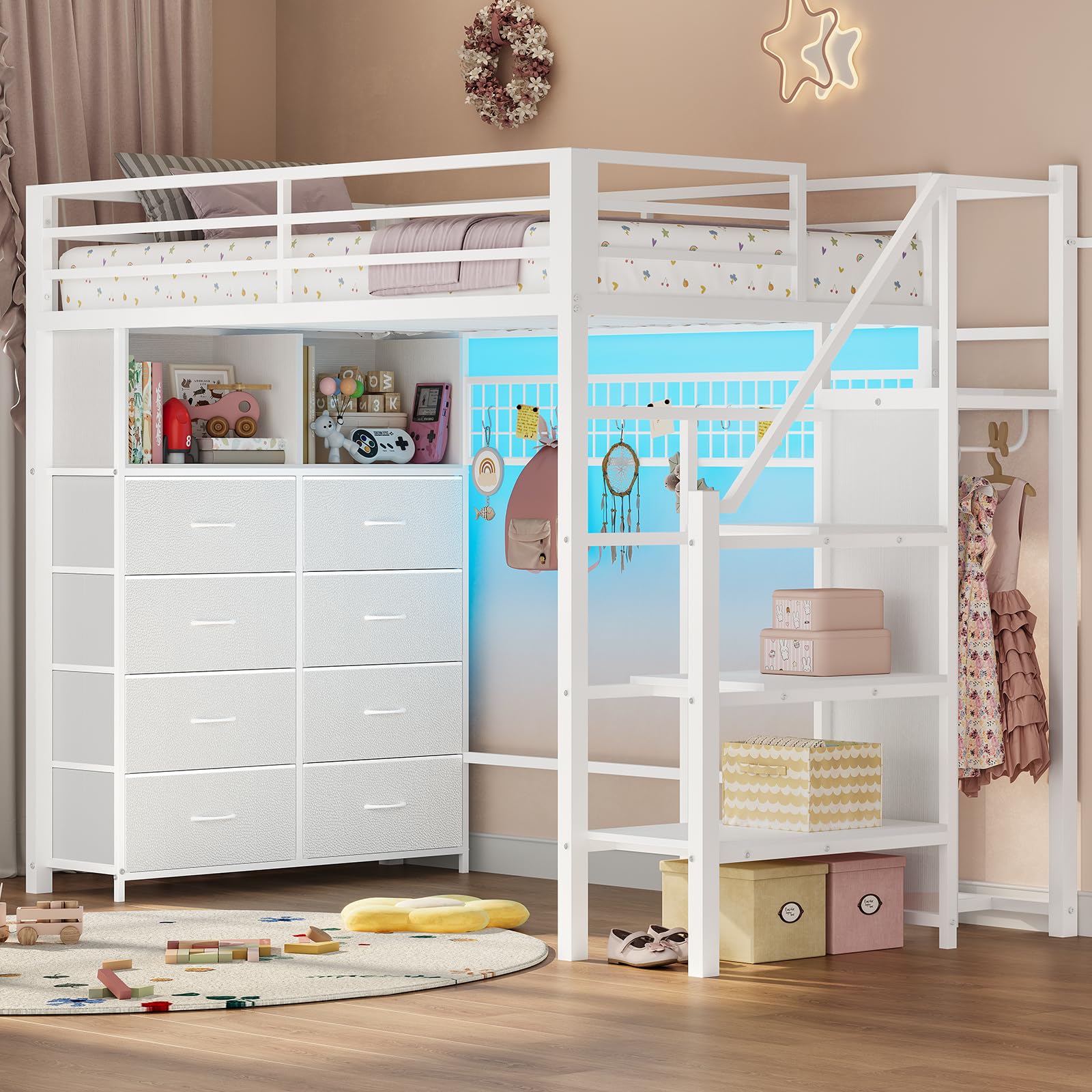 Twin Size Loft Bed with Stairs, 8 Storage Drawers, Metal Kids