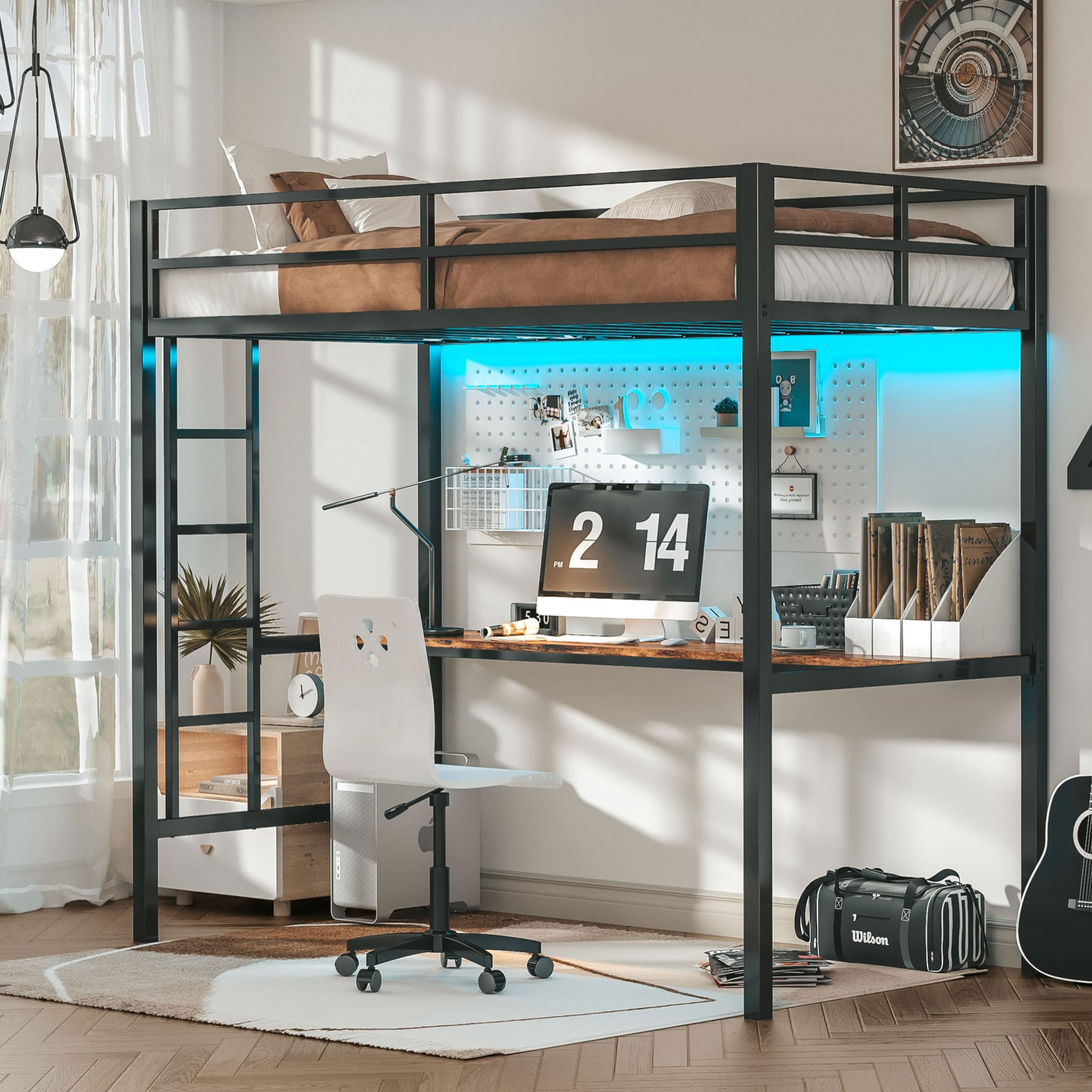 Loft Bed Twin Size with Desk, Metal Loft Bed Frame with Power Outlet