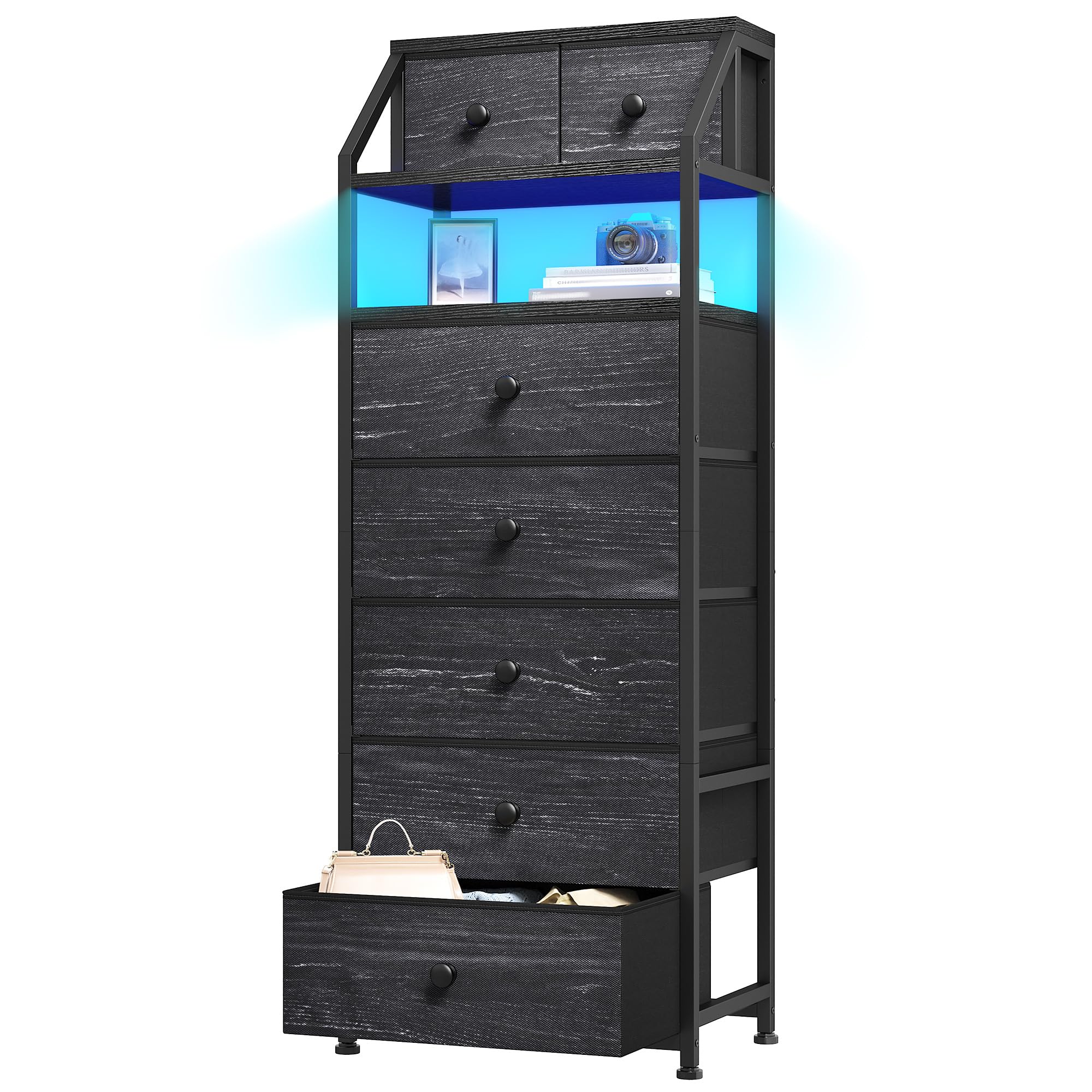 EnHomee 51.2" H Tall Dresser for Bedroom with LED Lights, Night Stand with 7 Drawers, Dressers & Chests of Drawers with Open Wood Shelf, Metal Frame, Bedside Table with Fabric Storage Bins, Black