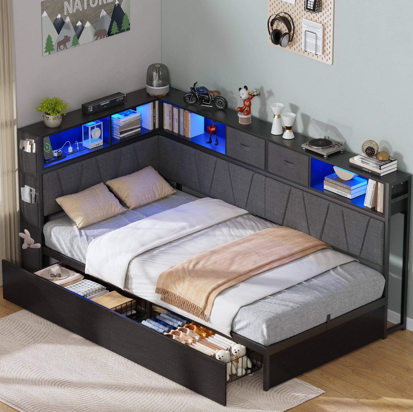 Bed Frame with Storage Bookcase, Kids Bed Unit with Charging Station
