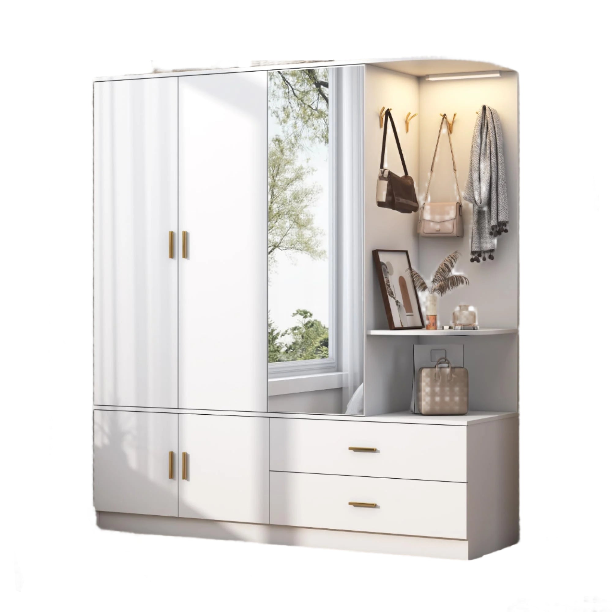 Armoire Wardrobe Closet with Mirror & Sensor Light, Bedroom Armoire