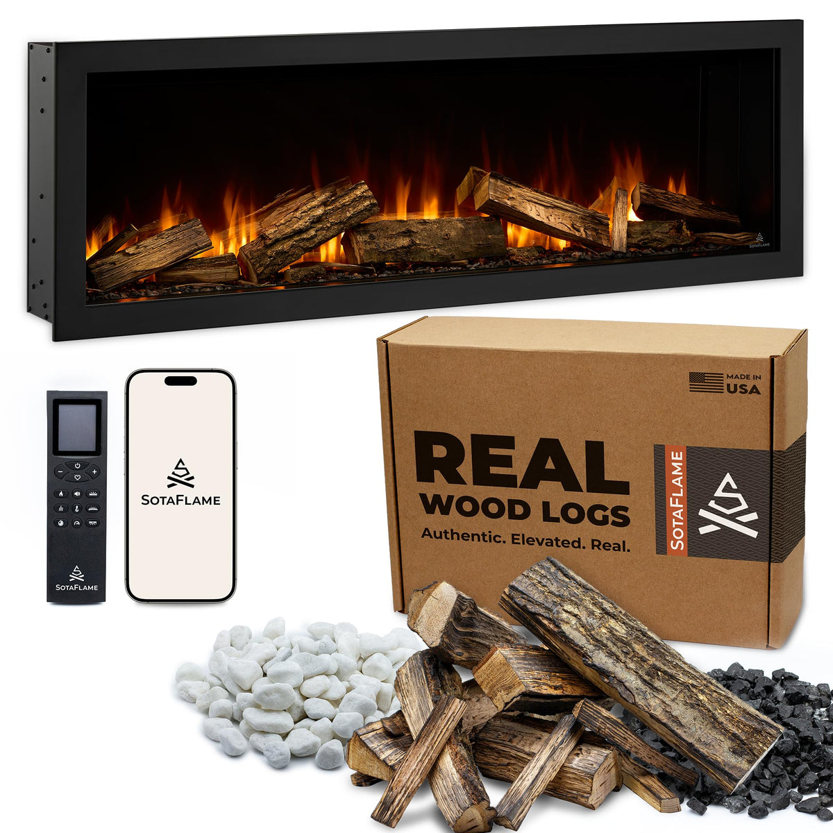 Built-In Linear Electric Fireplace with Real Oak Logs, Smart WiFi, 5000 BTU