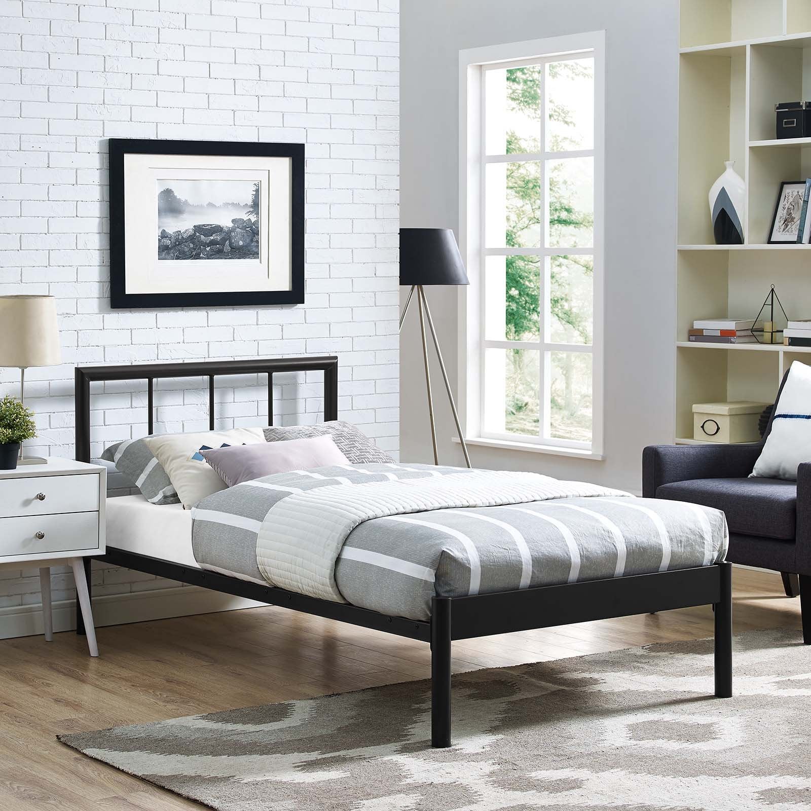 Gwen Steel Metal Farmhouse Platform Twin Bed Frame With Headboard in Brown