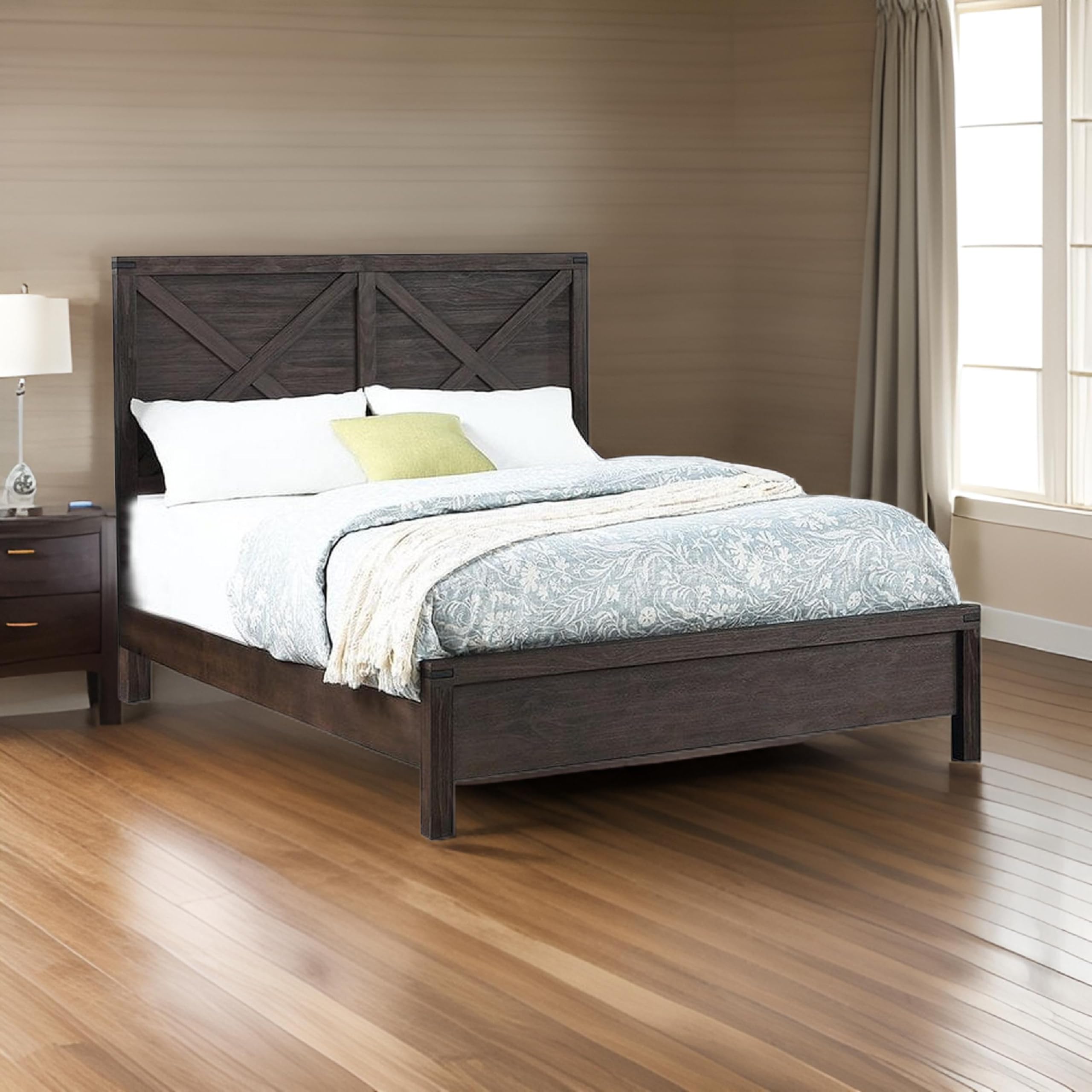 Yale Platform Queen Size Bed, Crossed Accent Panel, Dark Walnut Brown