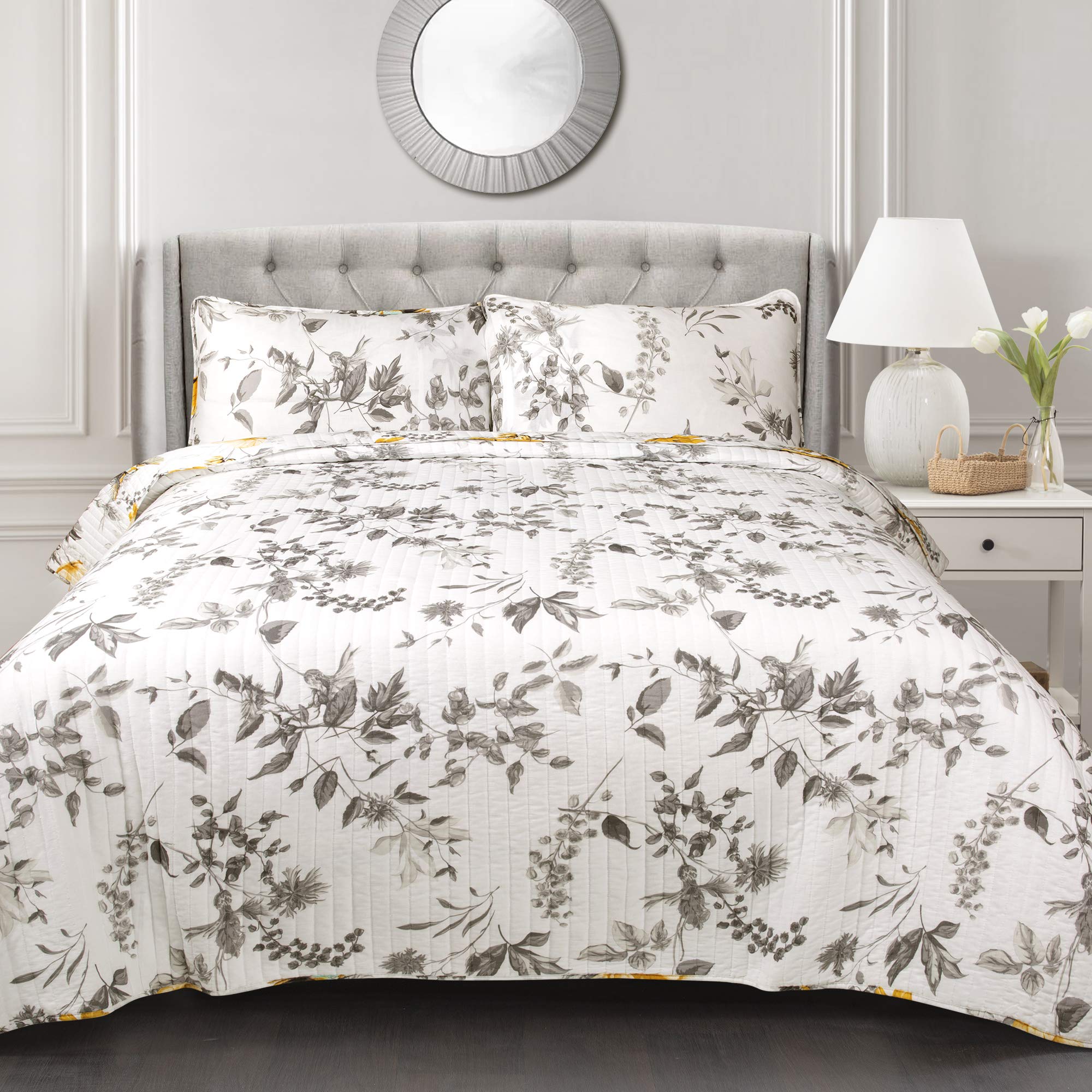 King, Yellow & Gray Penrose Floral 3 Piece Quilt Set