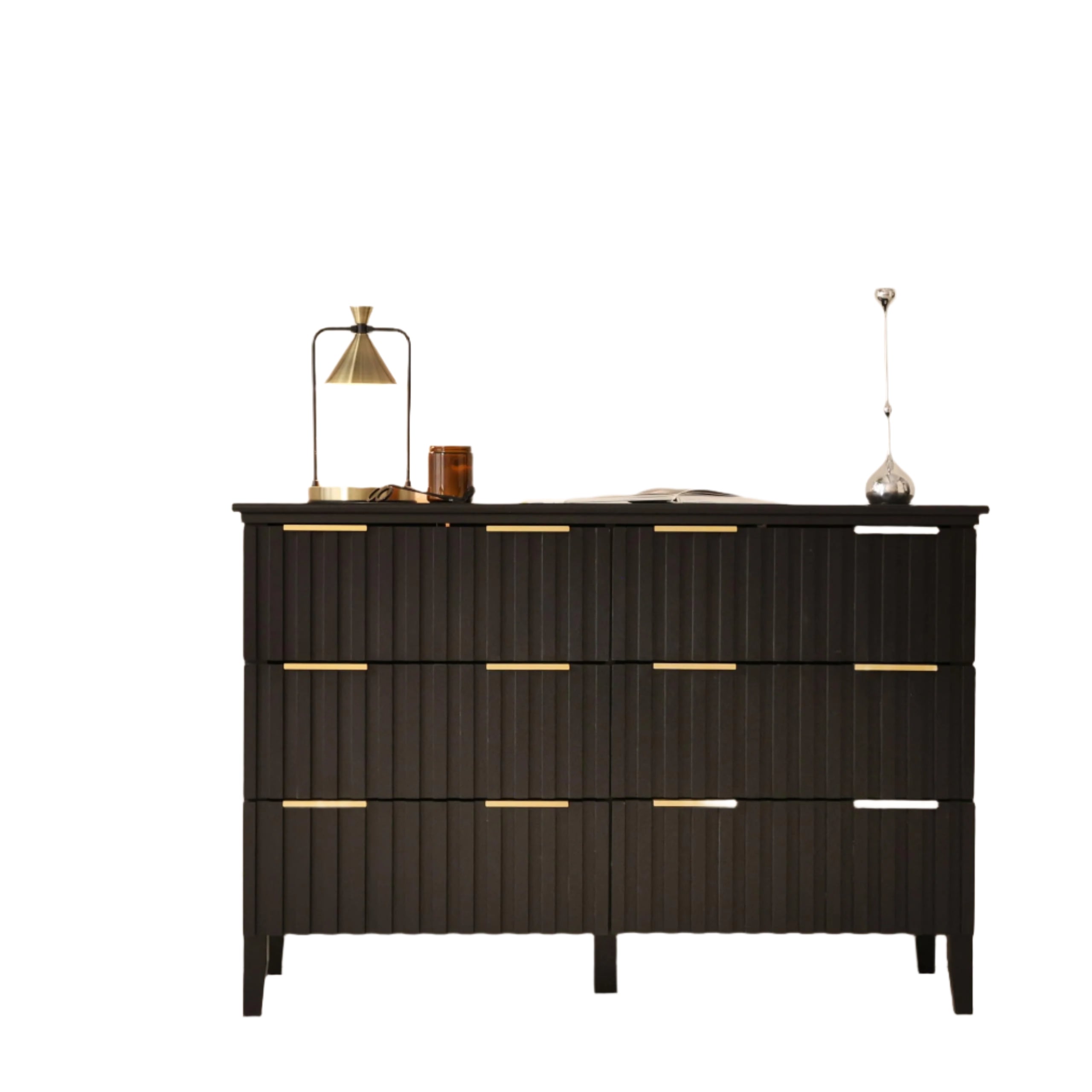 6 Drawer Dresser for Bedroom Black Fluted Wooden Dresser Tall Chest of Drawers