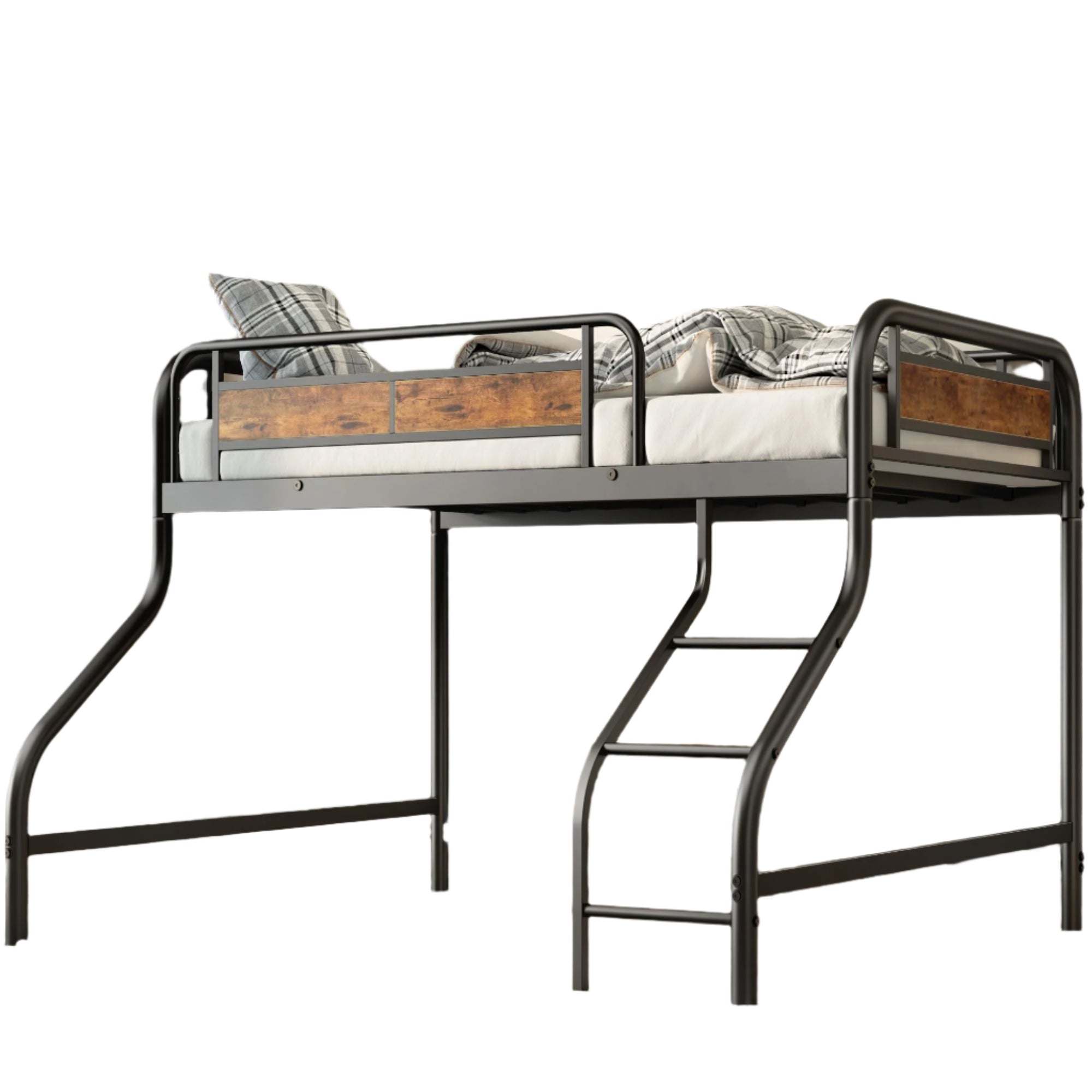 Twin Metal Loft Bed Frame with Stairs & Safety Rail, Space Saving Kids Bed