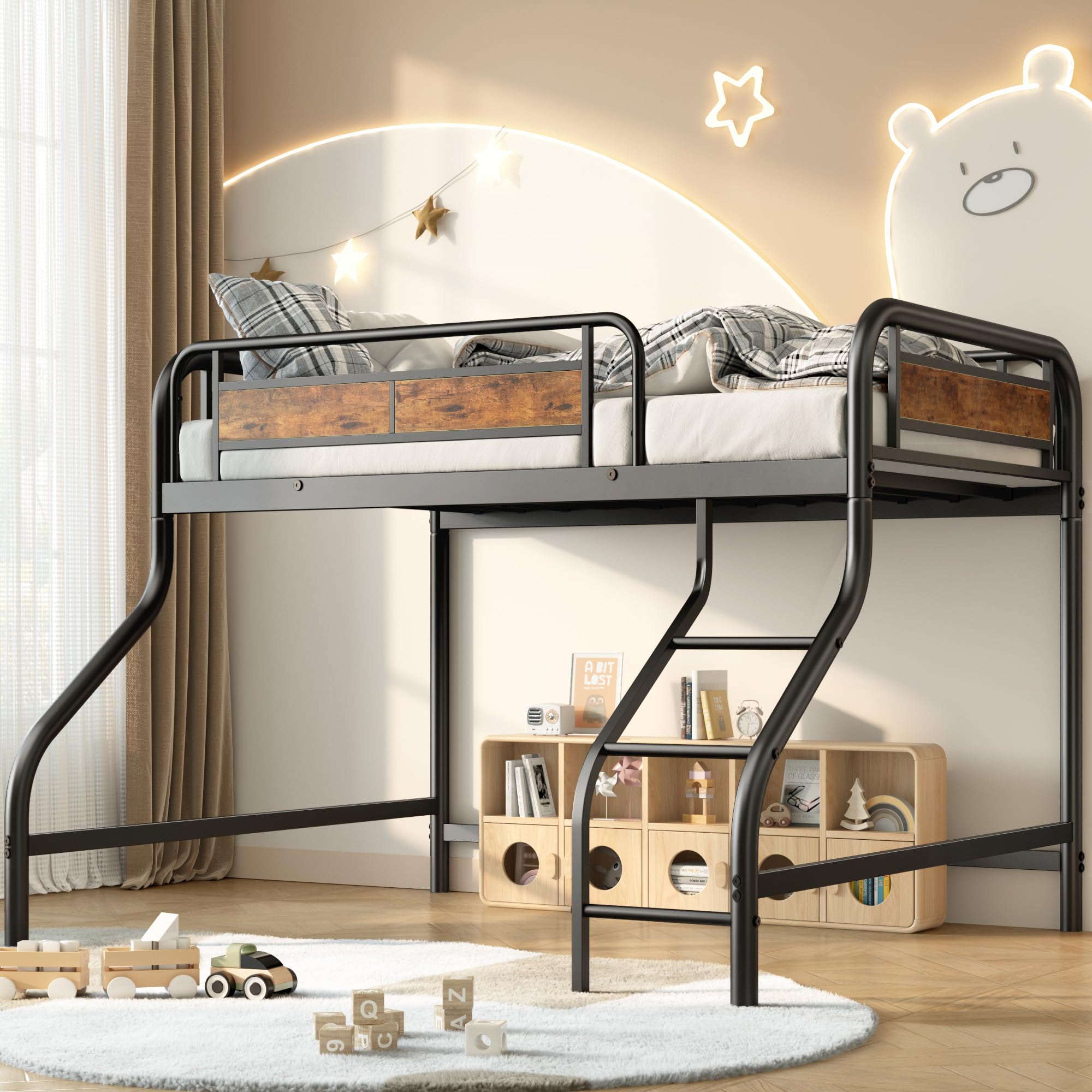 Metal Loft Bed Frame with Stairs & Guardrail, Twin Size Space-Saving Beds for Kids