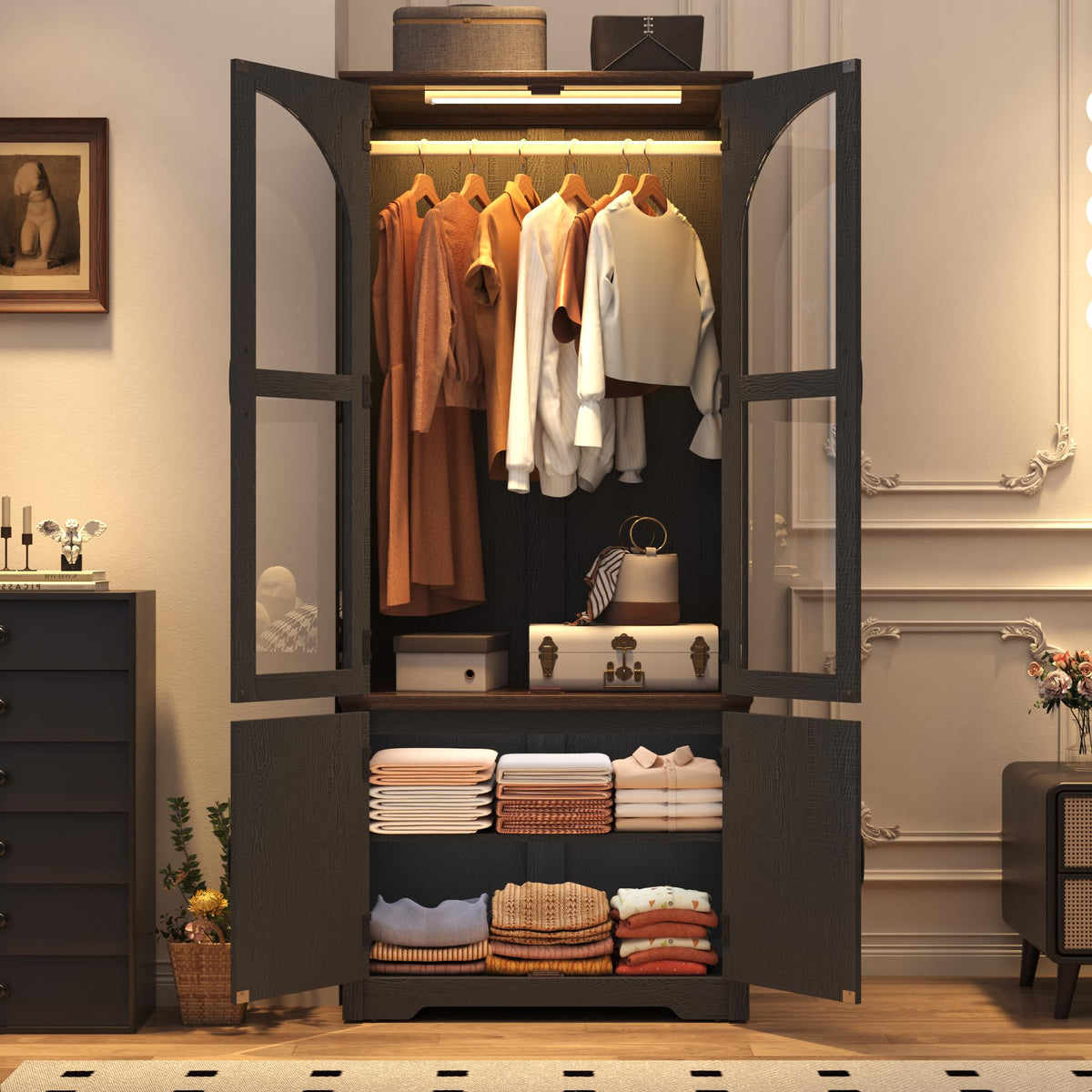 72" Farmhouse Armoire Wardrobe with LED Light & Arched Glass Doors