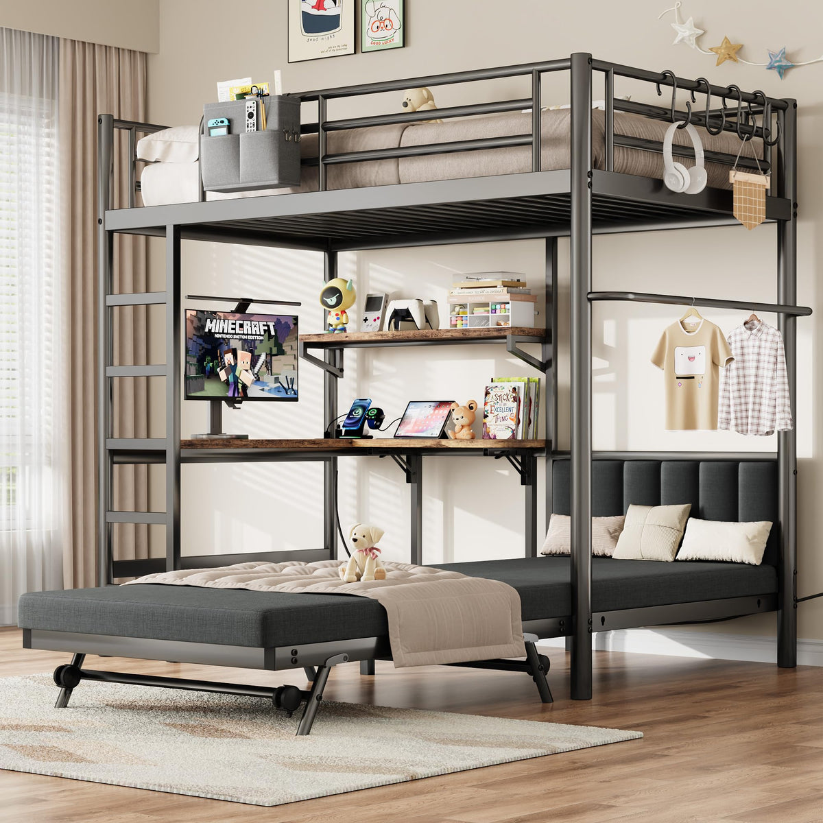 Twin Loft Bed with Desk, Mattress & Storage