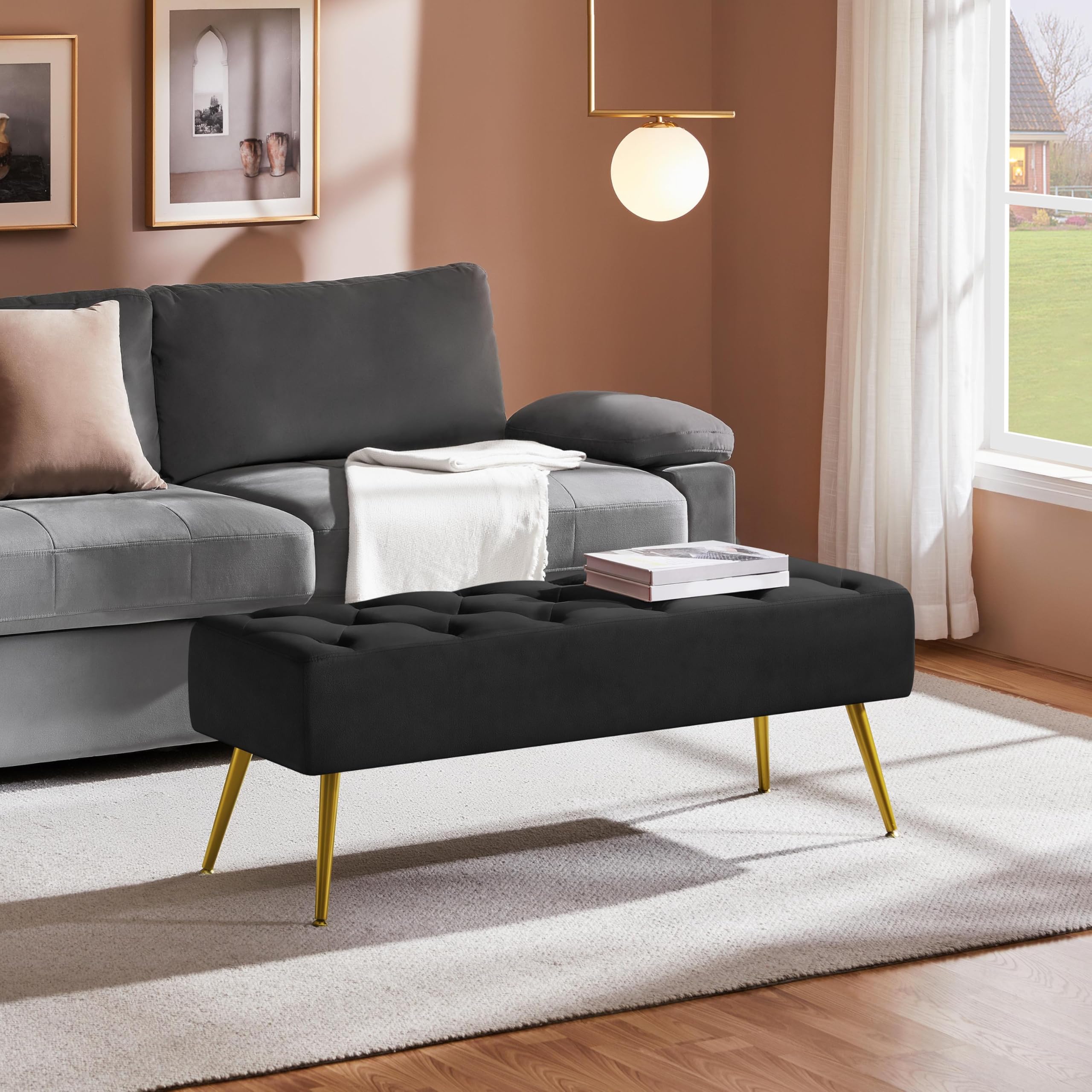 Modern Ottoman Bench Velvet Bench Upholstered Footrest with Gold Metal