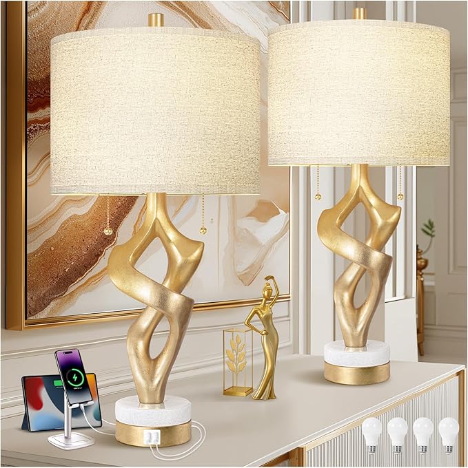 Table lamp Set of 2 for Living Room with Marble Base & USB Ports, Gold Leaf Finish