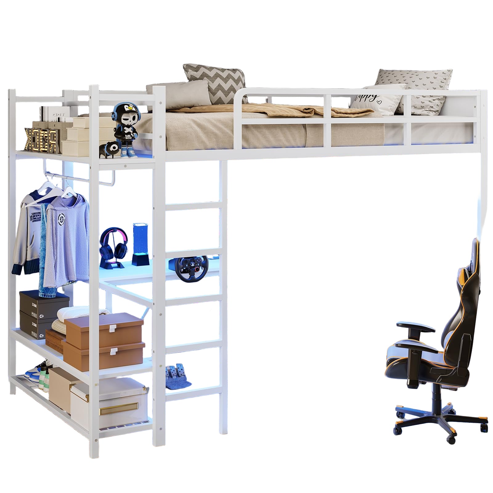 Loft Bed with L-Shaped Desk, LED Lights and Charging Sation