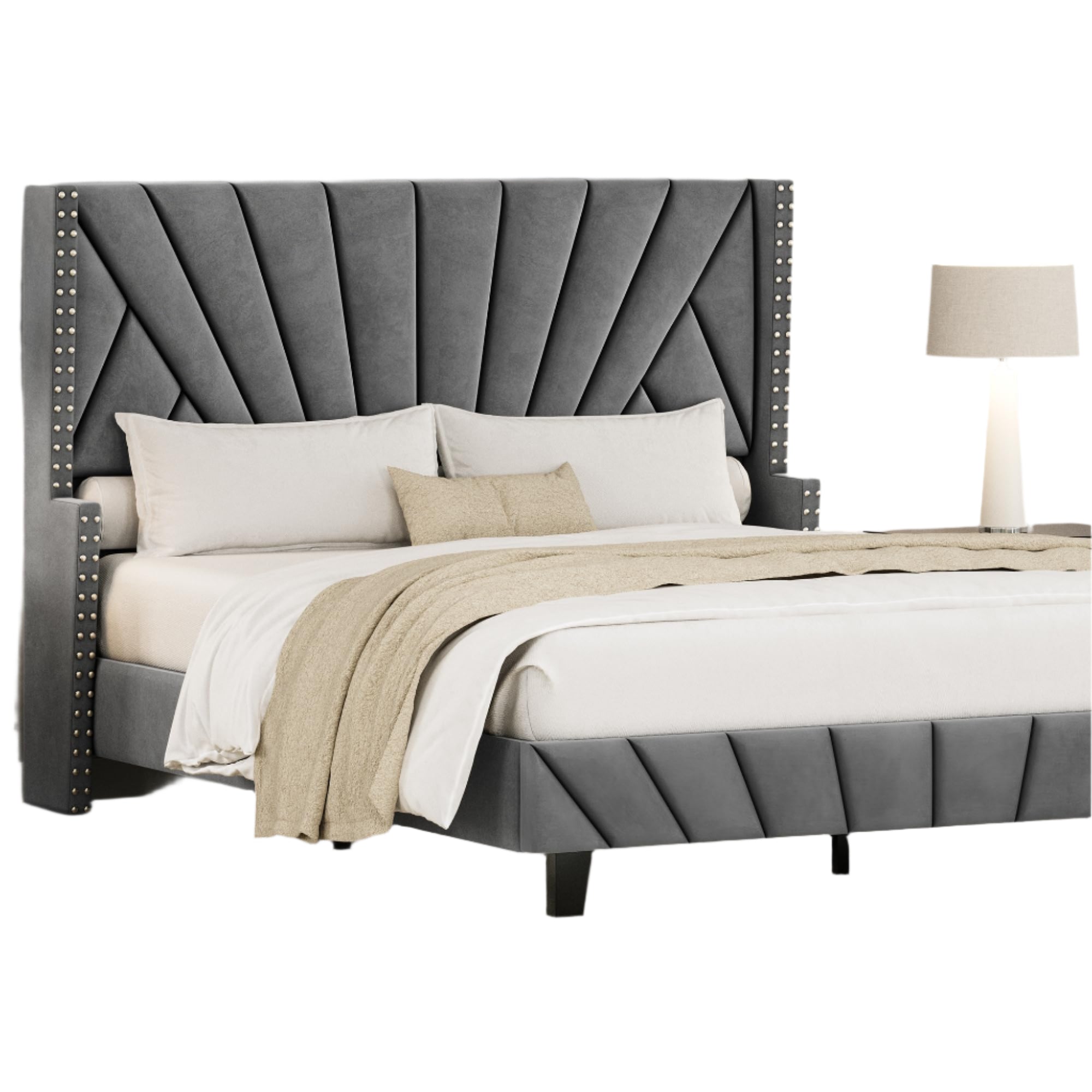 Size Upholstered Platform Bed Frame with 47.8" Tall Velvet Geometri