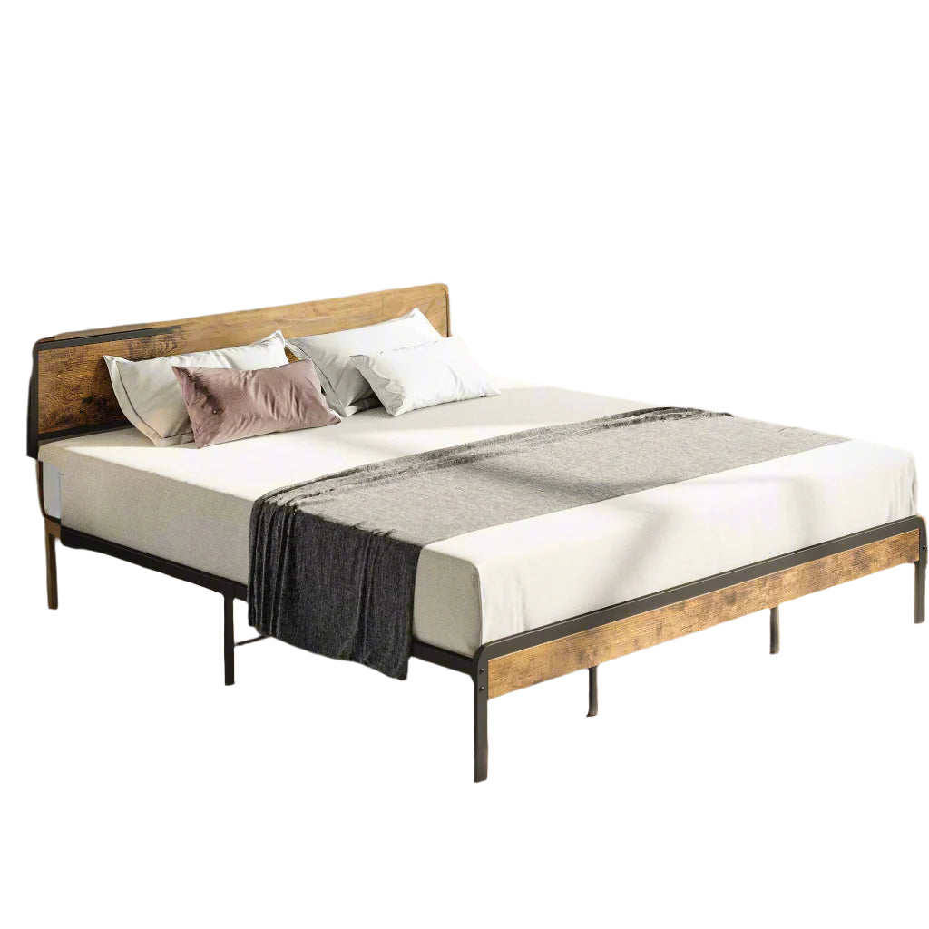 King Size Bed Frame, Platform Bed with 2-Tier Storage Headboard