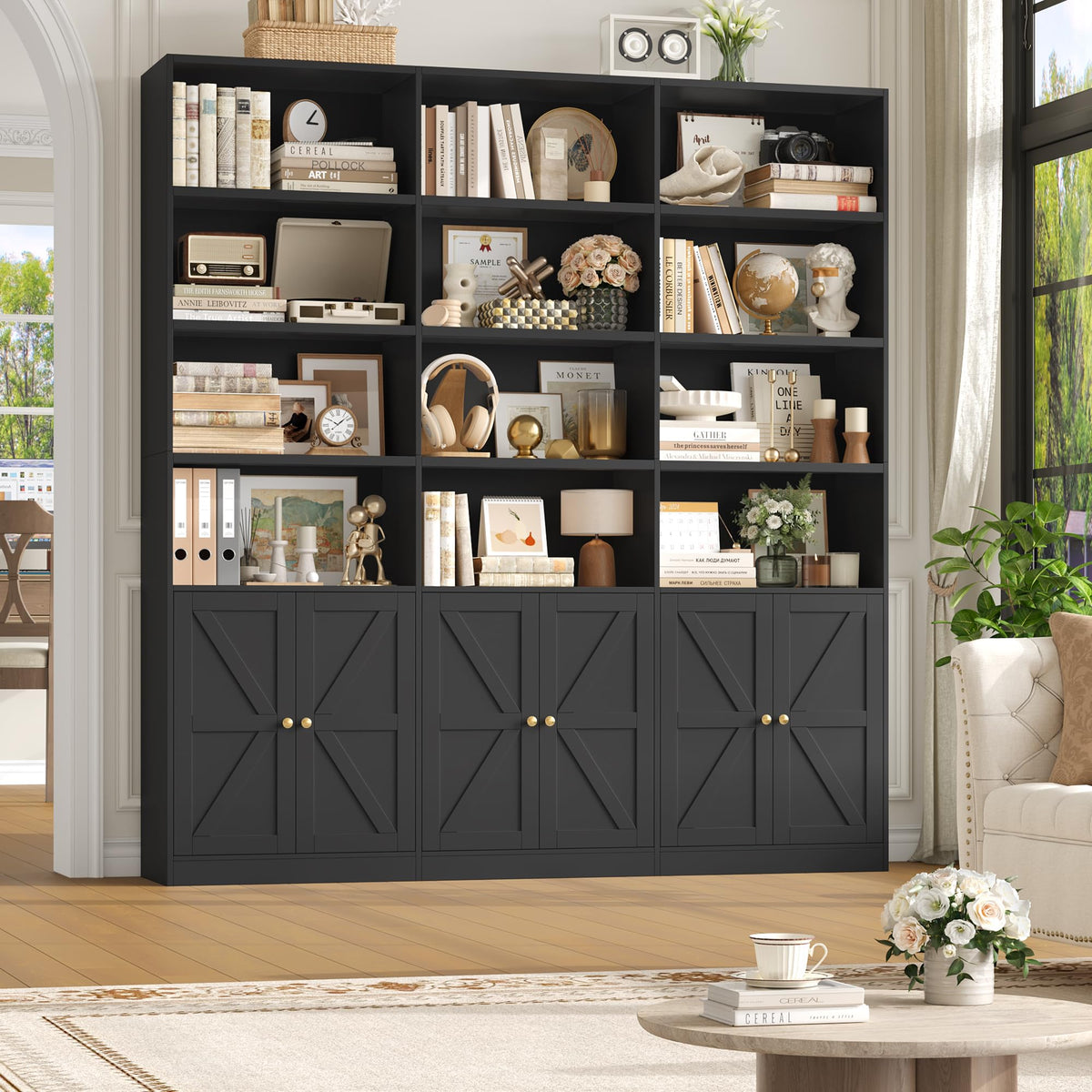 75" Tall x 71" Wide Bookshelf with 6 Doors, 18-Shelf Triple-Wide Farmhouse Bookcase
