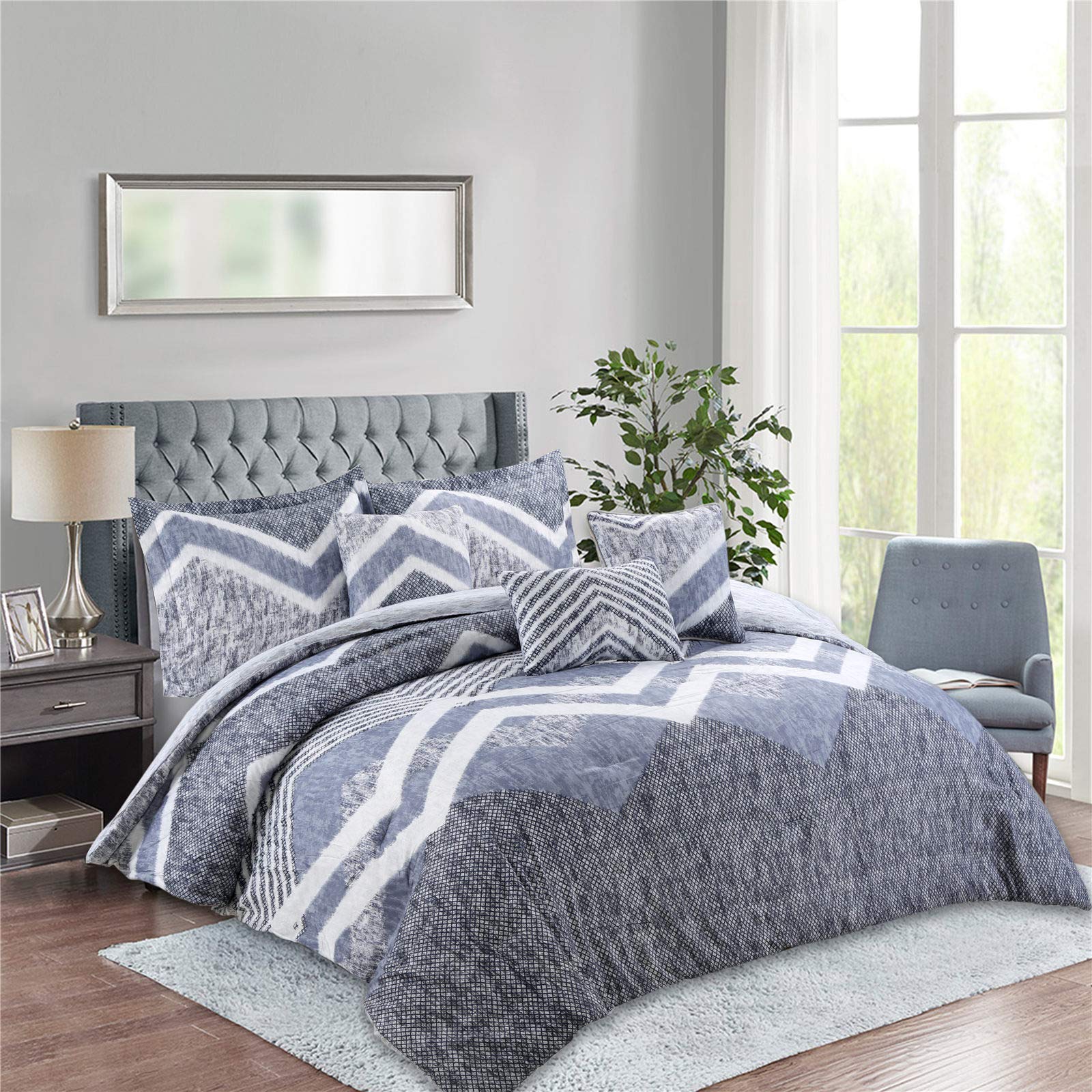 7 Piece Comforter Set, Gray Denim Blue Chevron Print Design, Bed Skirt