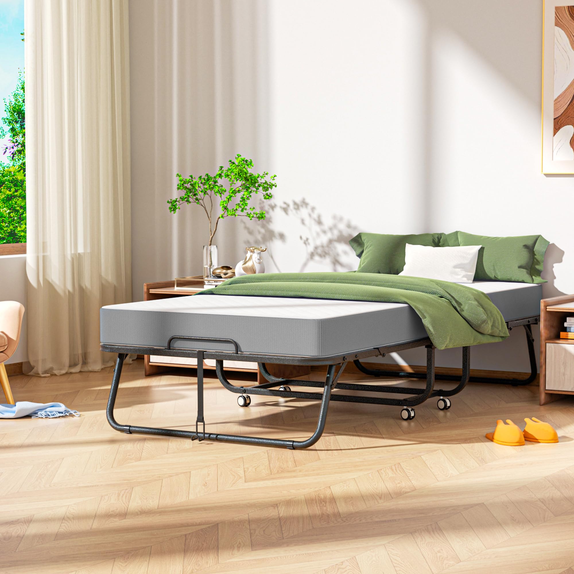 Folding Bed with Mattress, 75" x 31" - 5" Thick Memory Foam Mattress