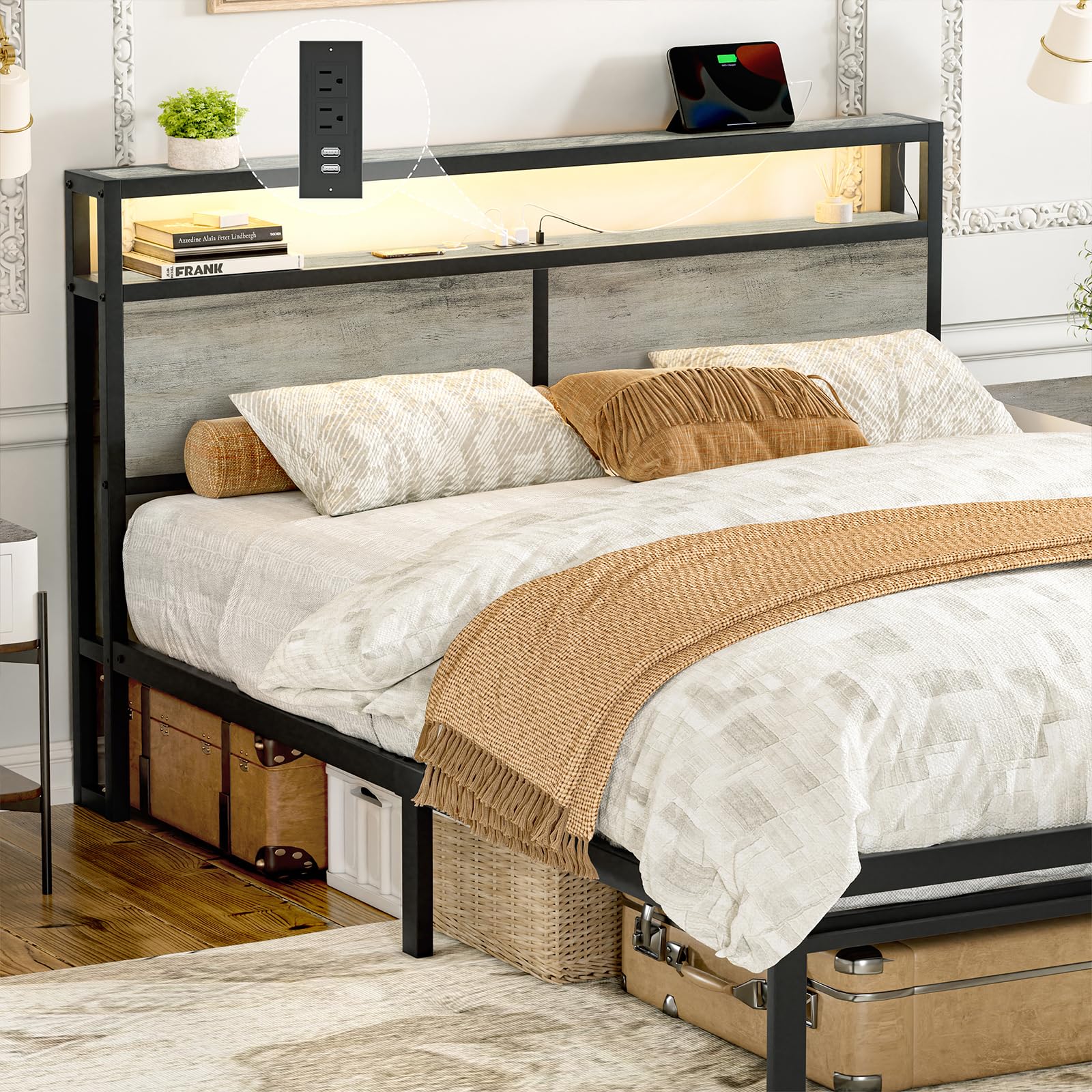 Queen Bed Frame with Storage Headboard Metal Platform Bed with LED Lights