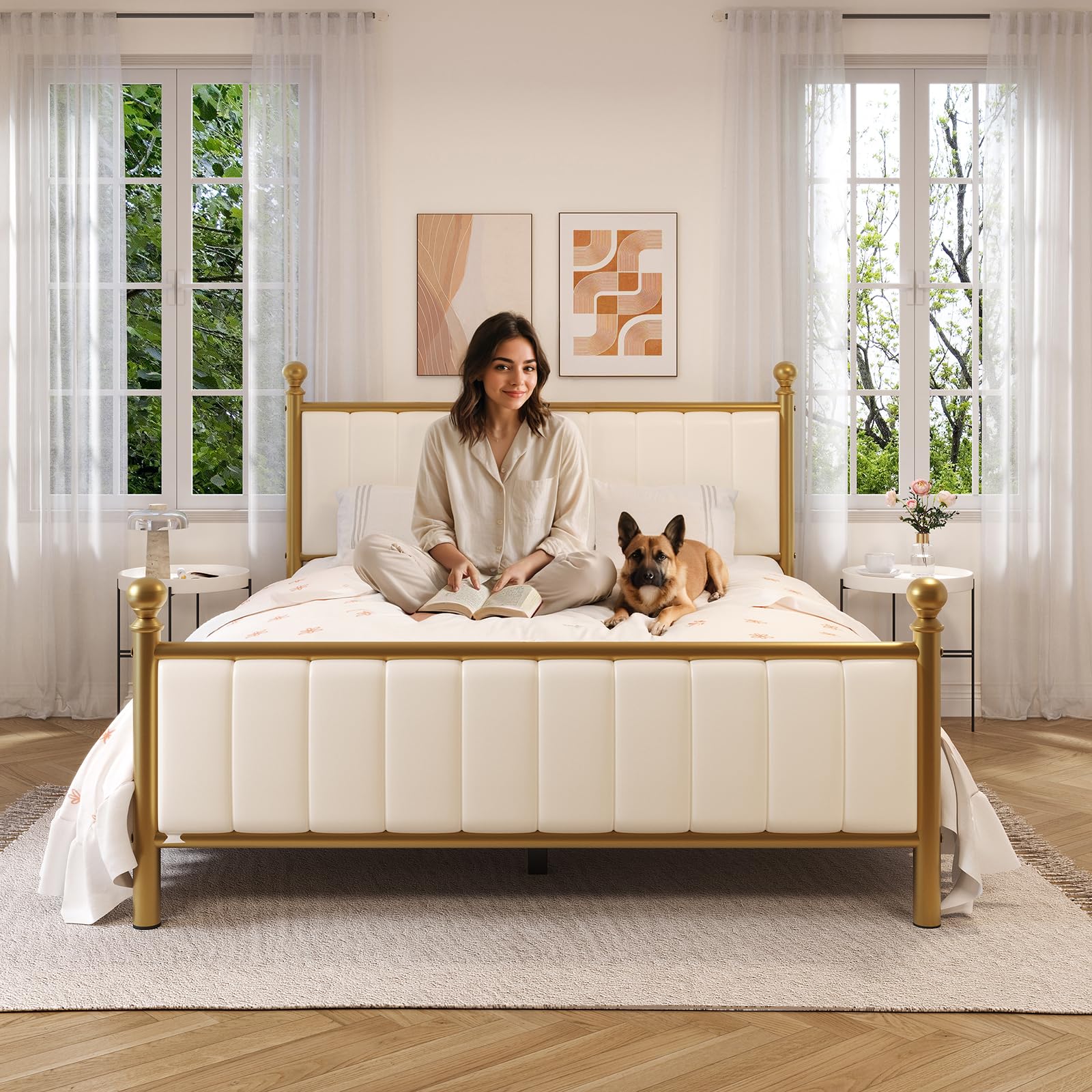 Full Size Bed Frame with Headboard, Upholstered Platform Metal