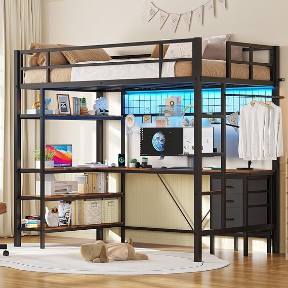 Size with L-Shaped Desk and Storage Shelves, Metal Loft Bed Frame