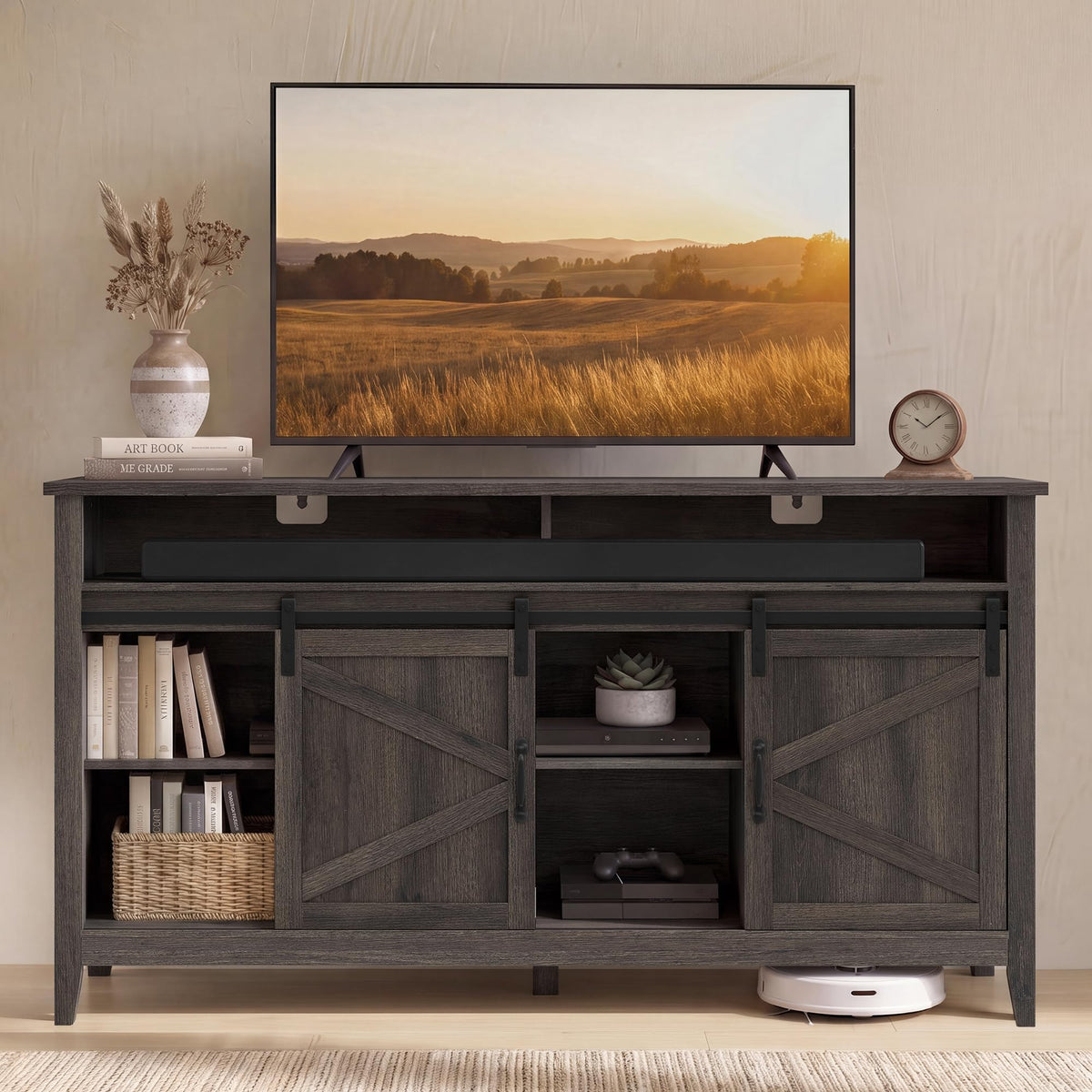 58.3" Farmhouse TV Stand with Sliding Barn Doors & Cable Management
