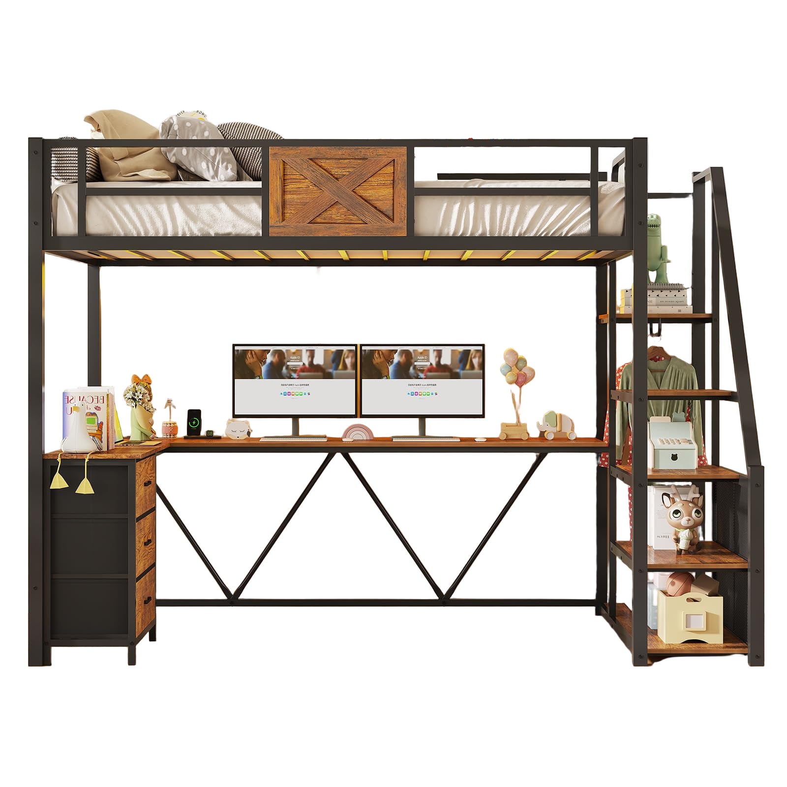 Twin Size Loft Bed with L Shaped Desk and Wardrobe