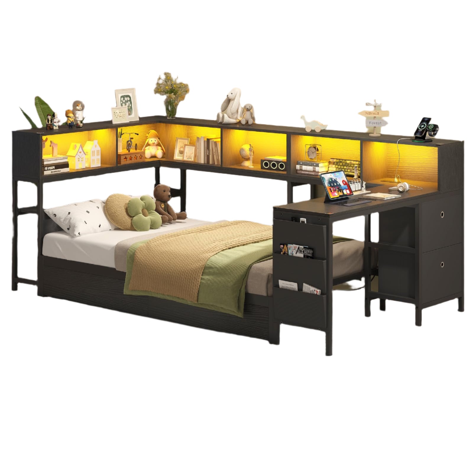Corner Bed with Desk and Storage Bookcase, Daybed with 2 Drawers