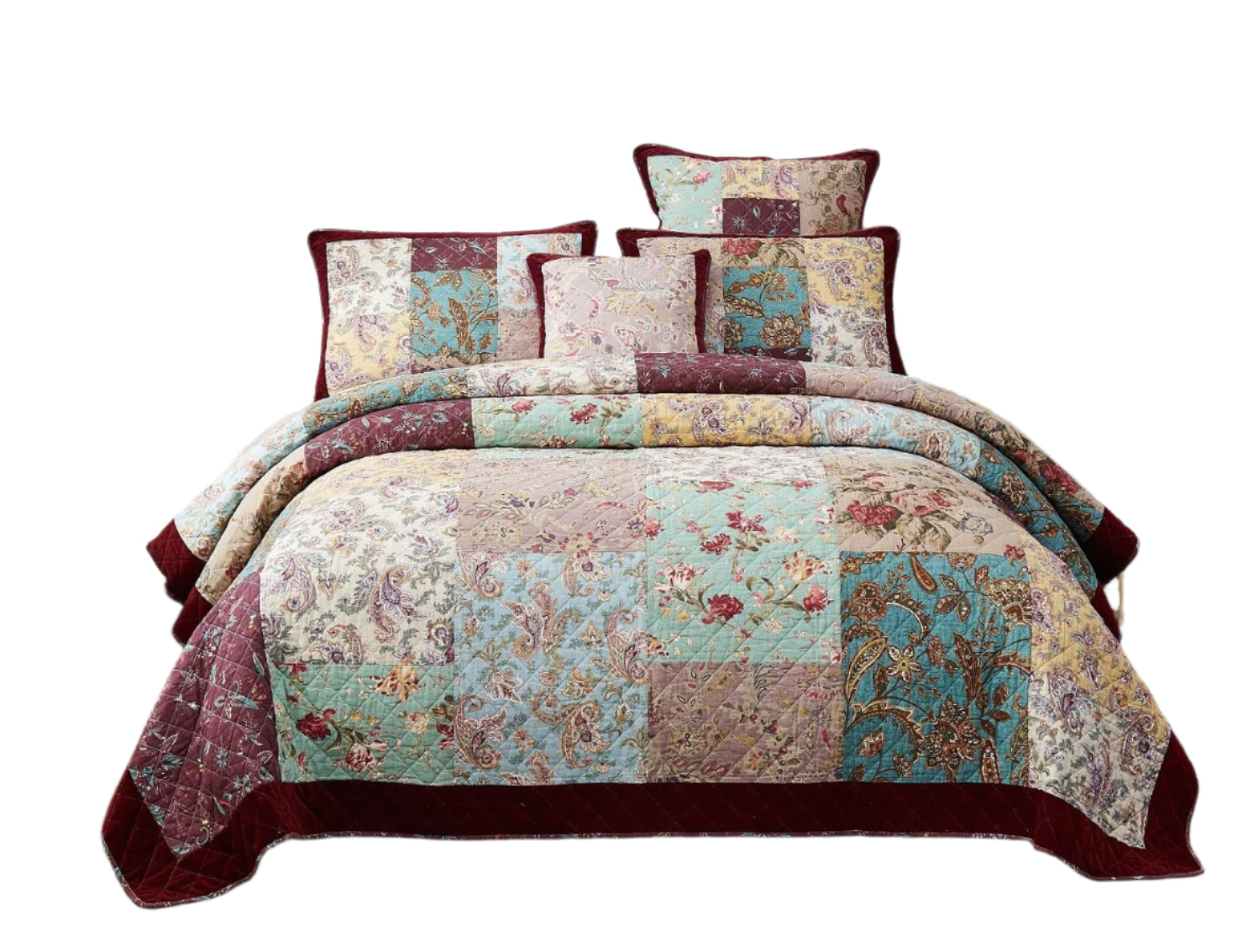 Bohemian Patchwork Bedspread - Burgundy Wine Velvety Trim Floral Paisley