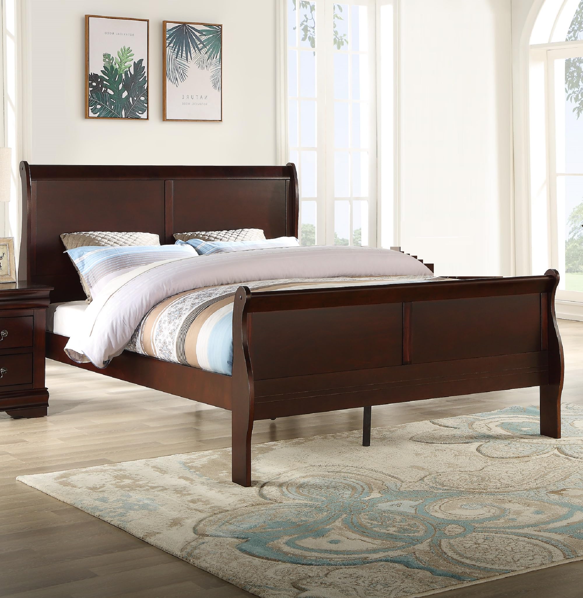 YuanDesign Brown Cherry Finish Queen Size Panel Sleigh Bed Solid Wood