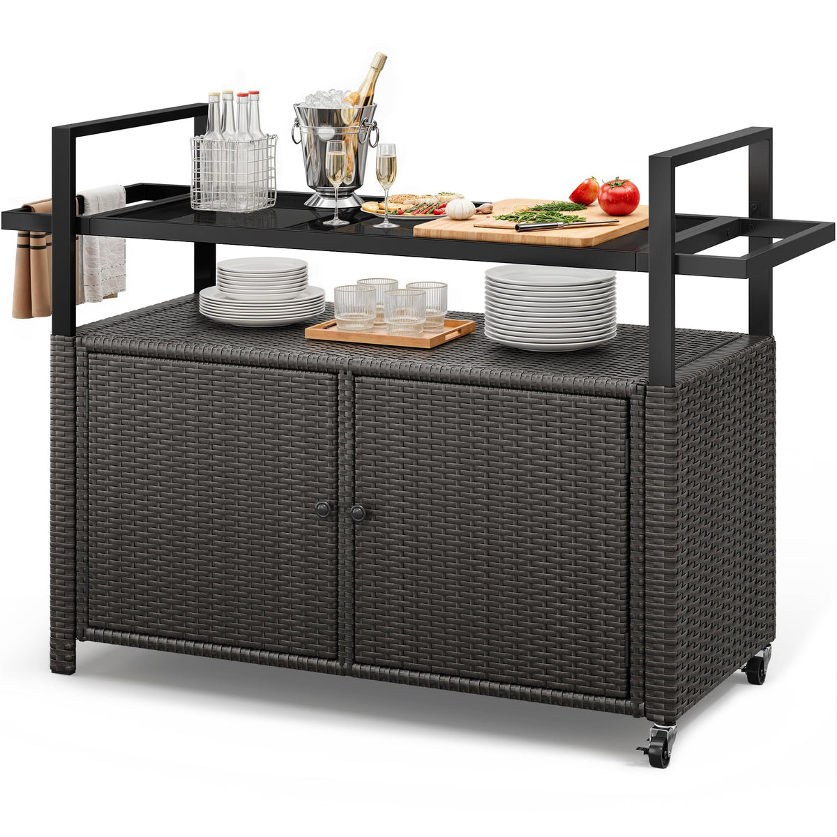 Outdoor Wicker Storage Cabinet Bar Cart with Glass Top