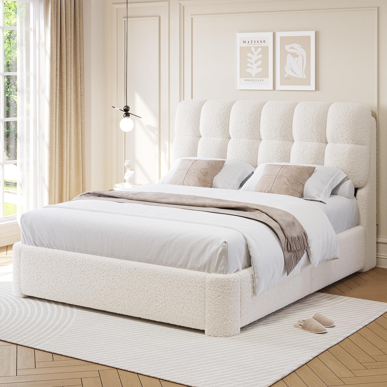 Queen Boucle Bed Frame with Headboard Queen Size Modern Upholstered