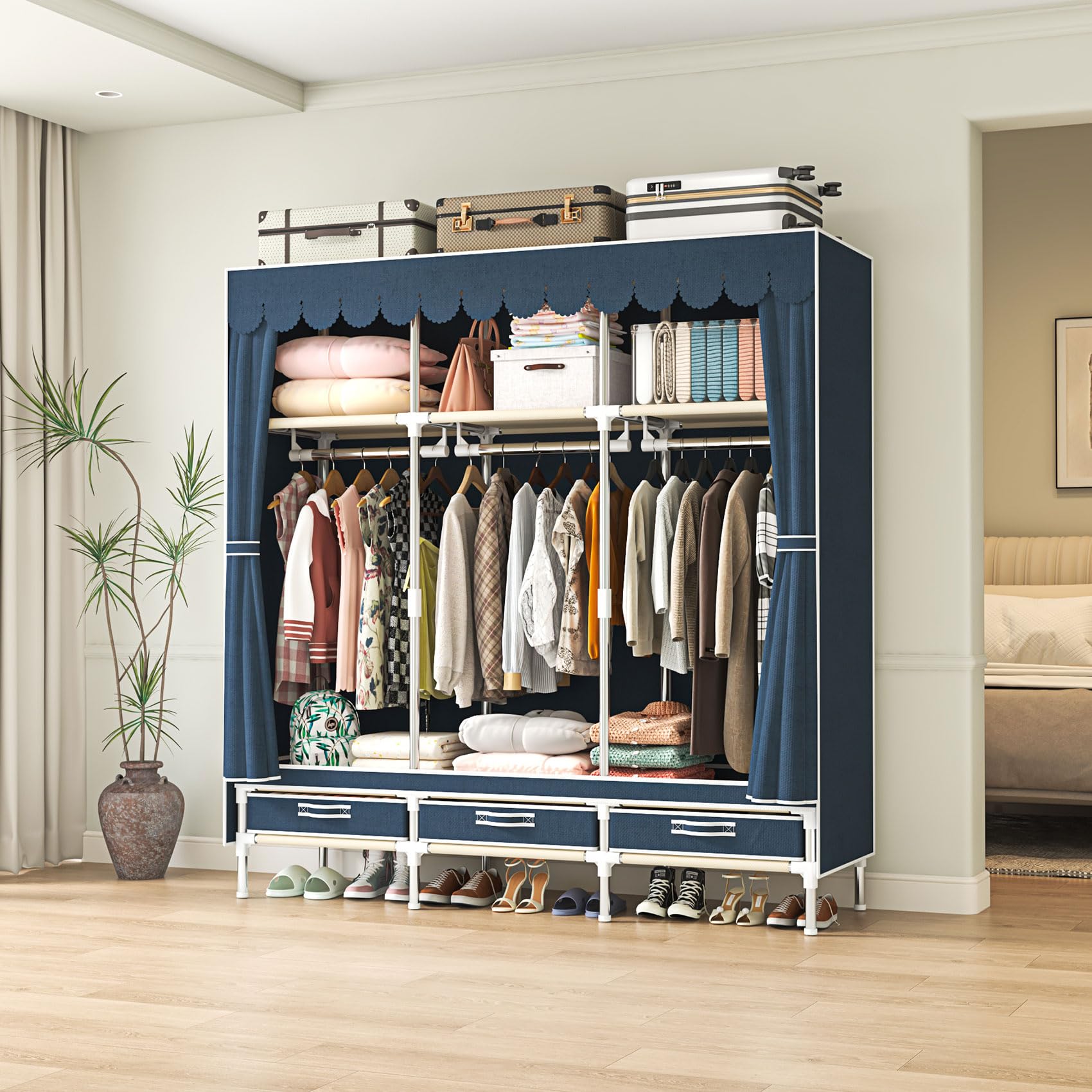 Portable Blue Freestanding Armoire Wardrobe Closet with 3 Drawers