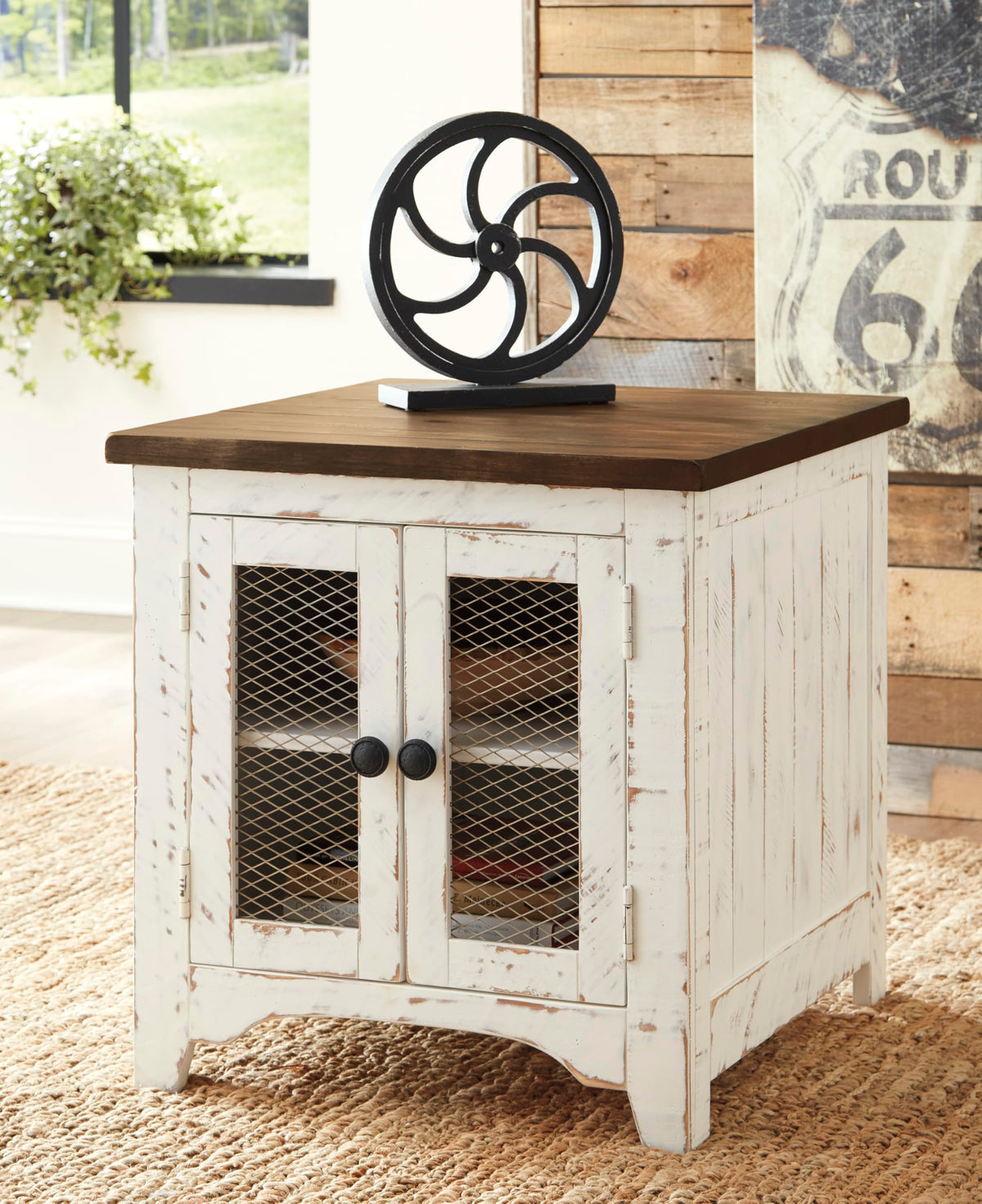 Farmhouse End Table with Cabinet Storage and Metal Grille Doors
