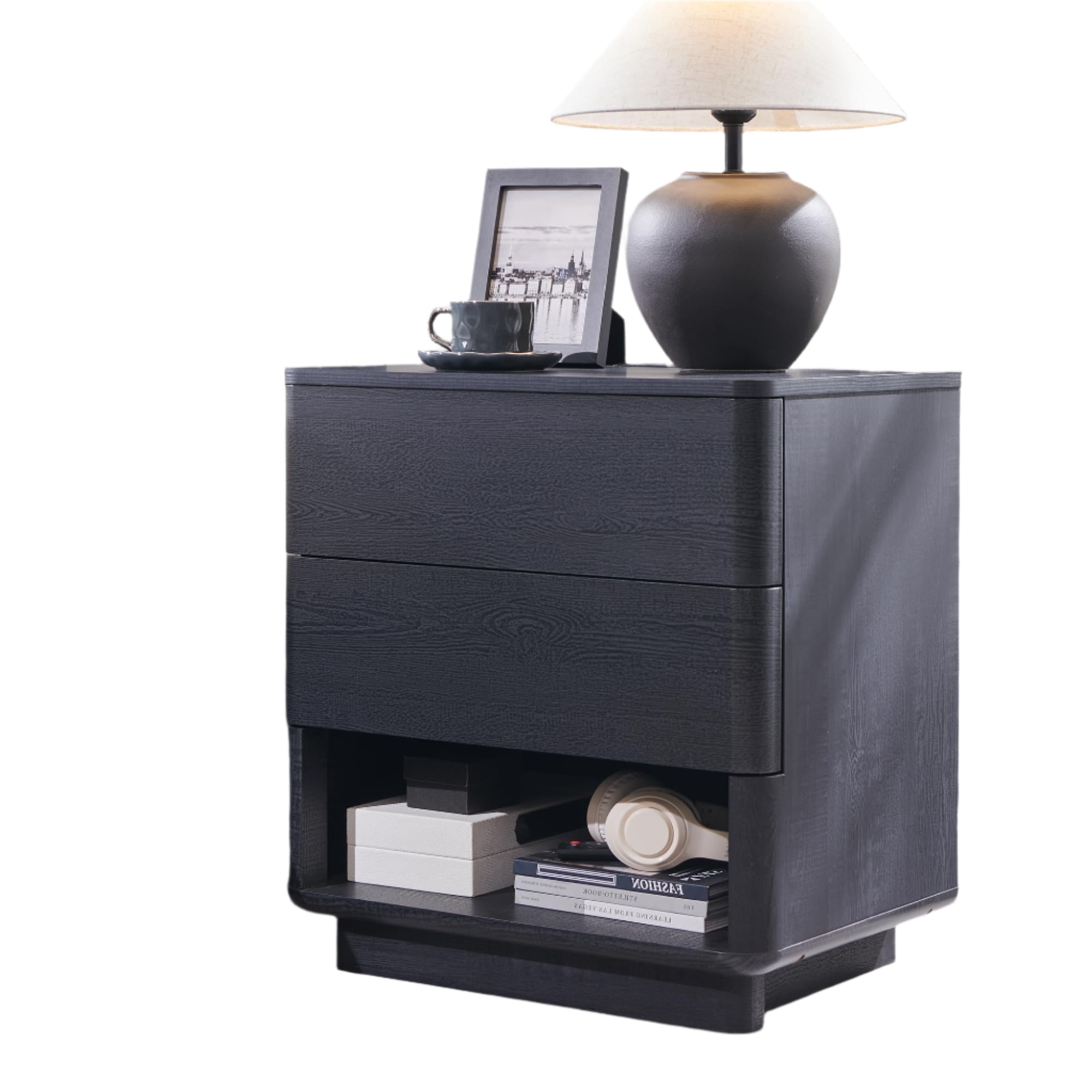 Nightstand with Charging Station, 22" Push-to-Open Bedside Table with 2 Storage Drawers