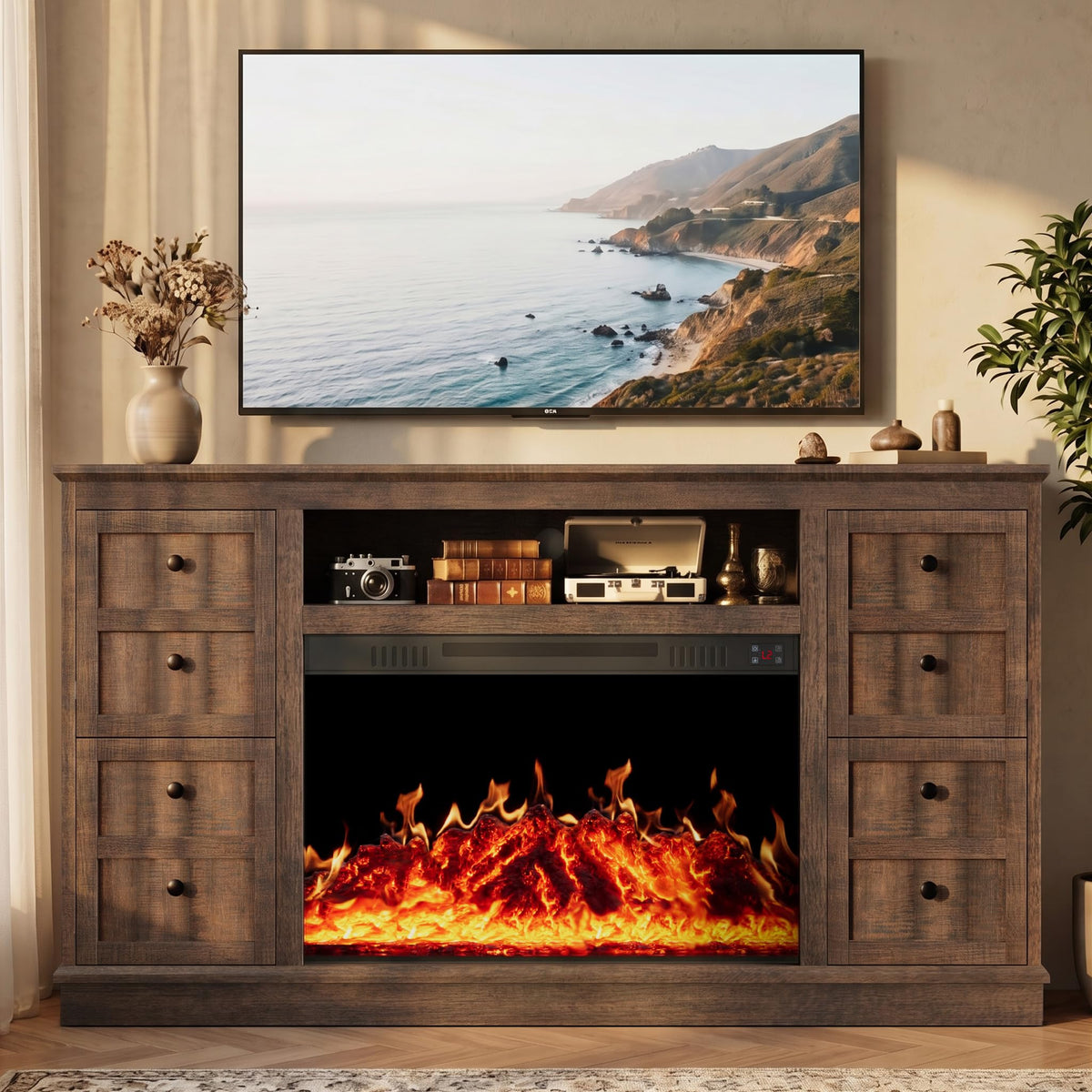 62" Farmhouse Fireplace TV Stand for up to 75" TV