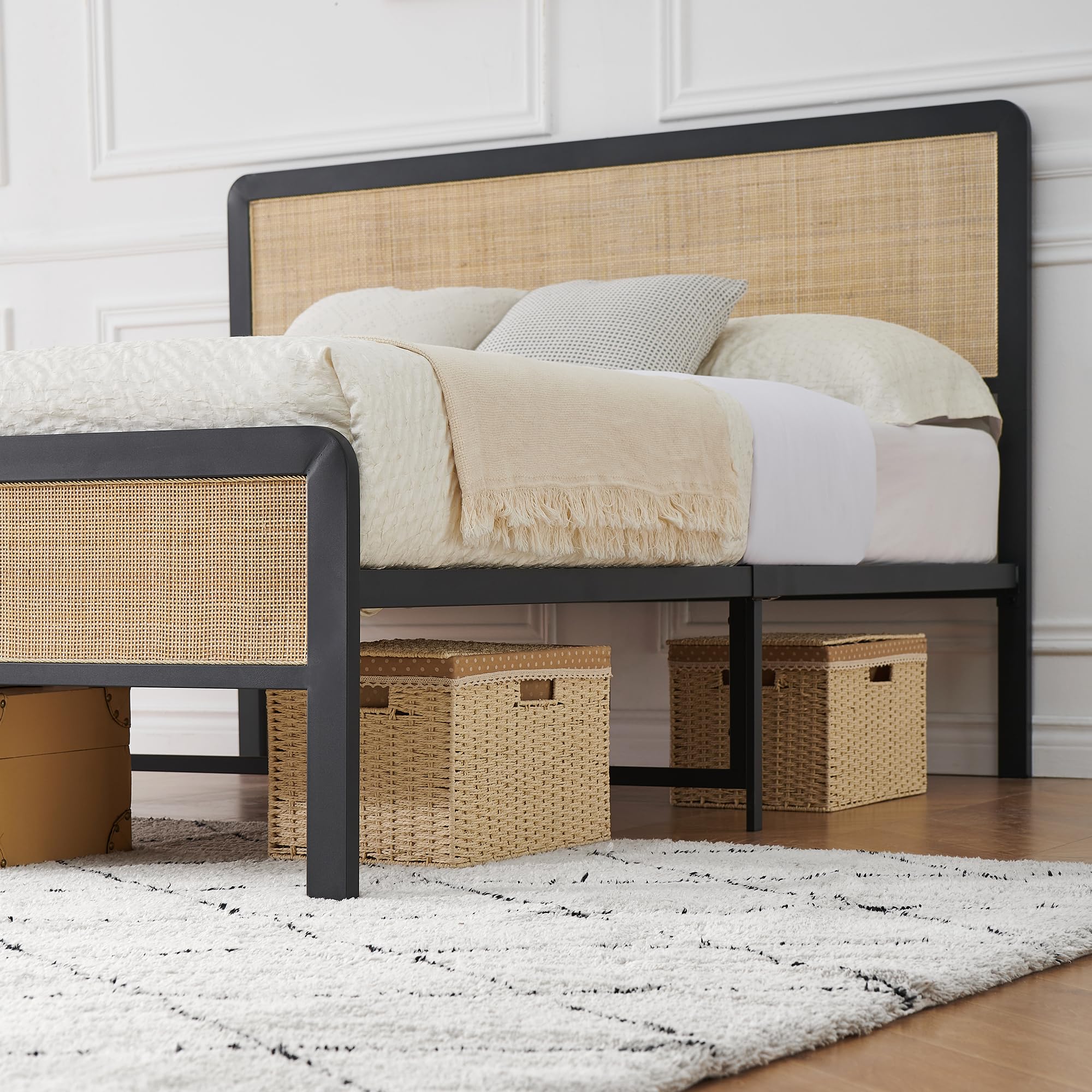 Queen Size Metal Bed Frame with Rattan Headboard and Footboard