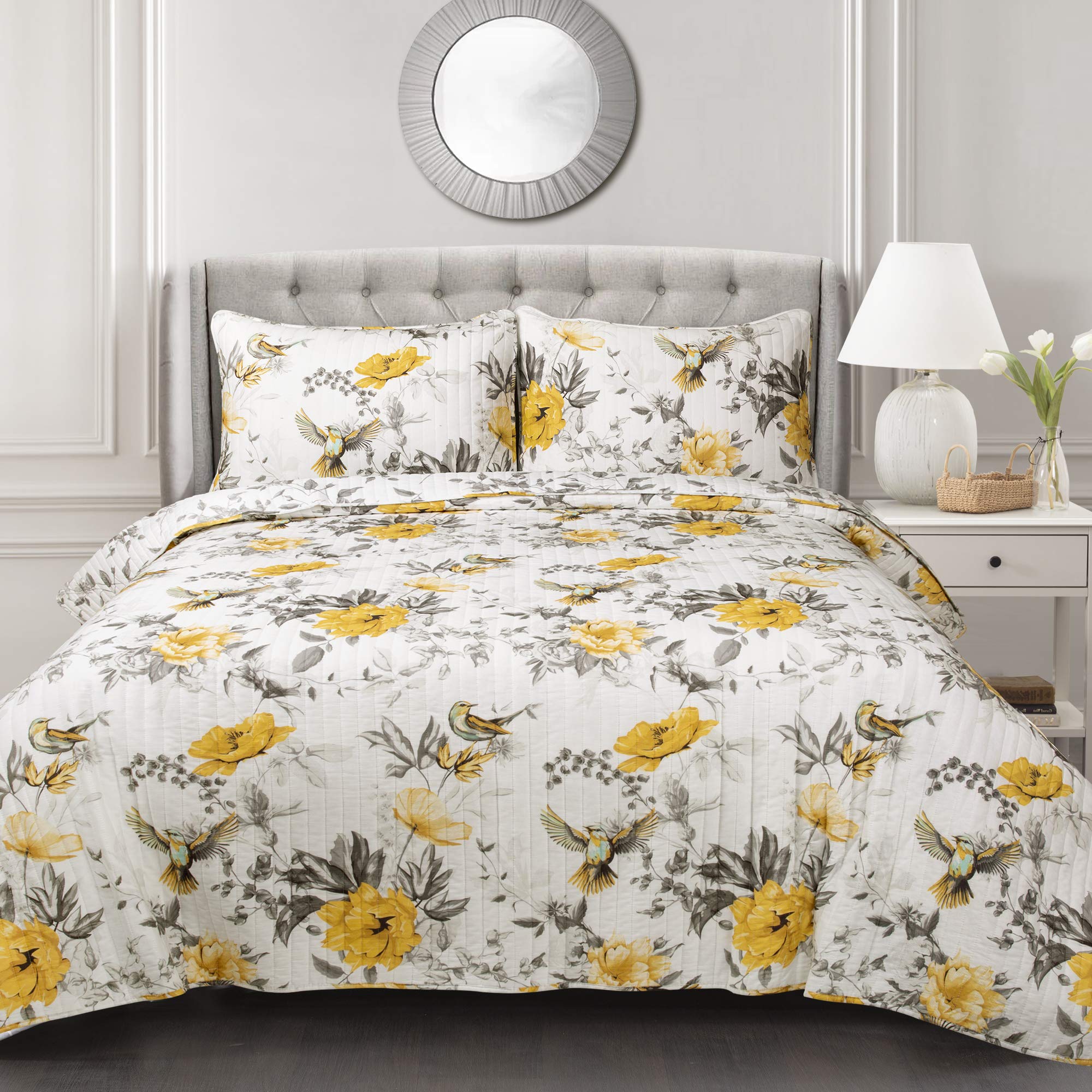 King, Yellow & Gray Penrose Floral 3 Piece Quilt Set