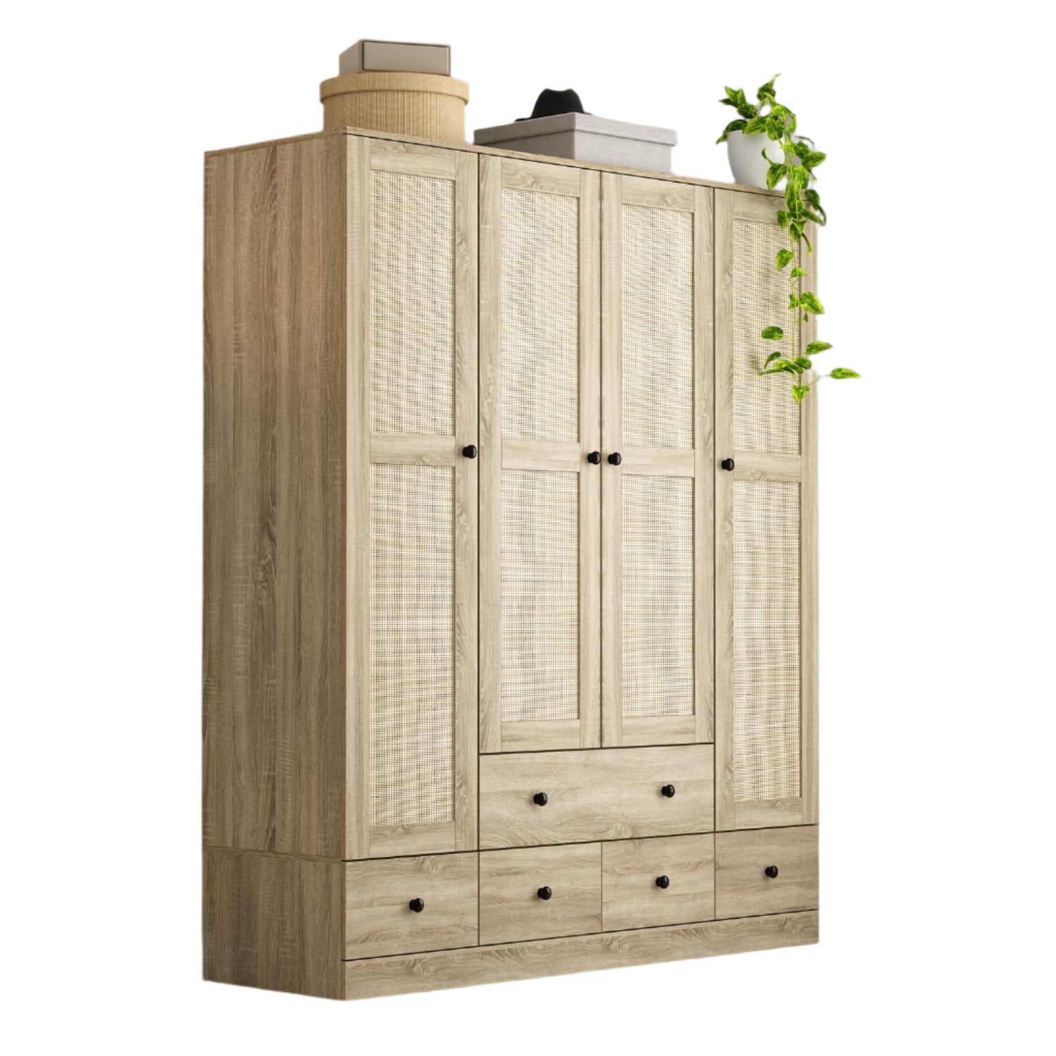 Rattan Armoire Wardrobe Closet with 7 Shelves, 5 Drawers & Hanging Bars