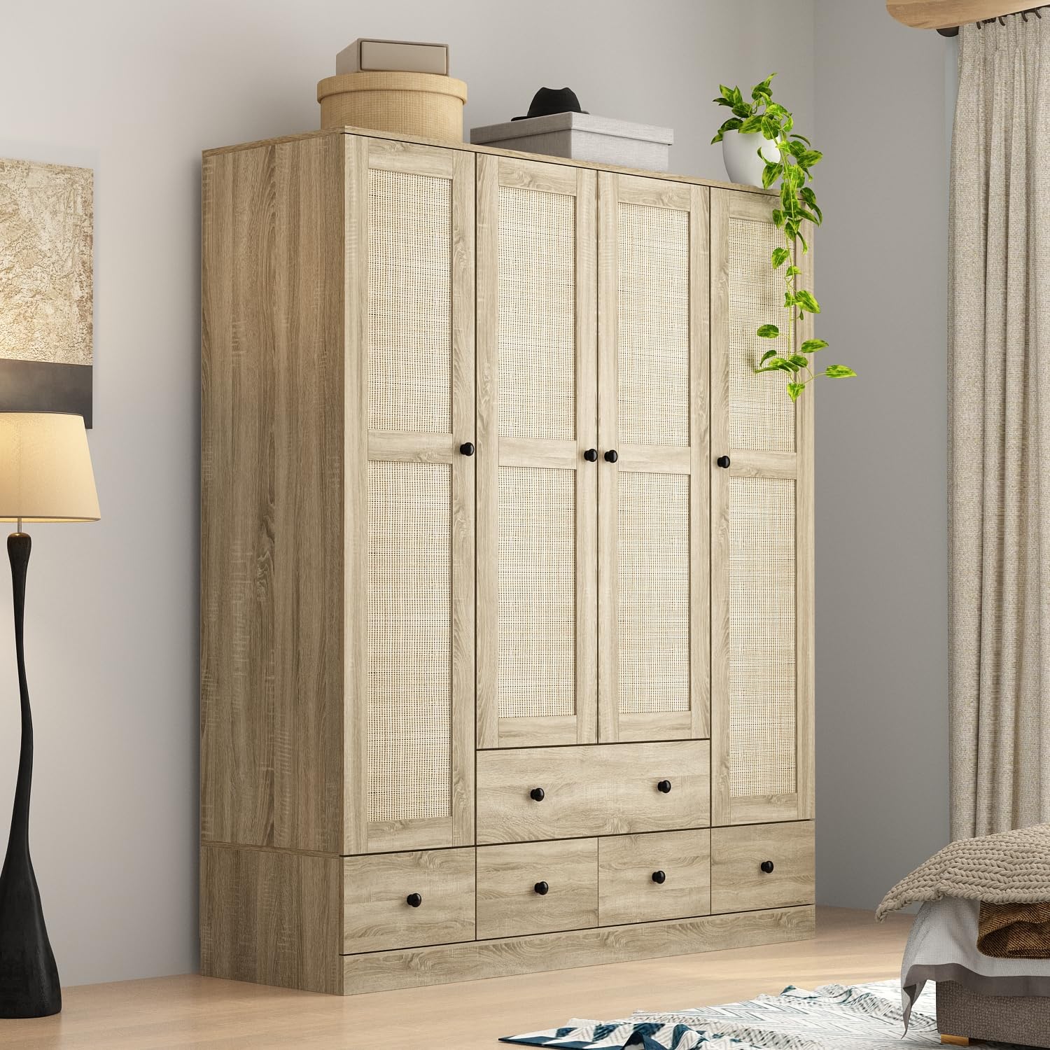 Wardrobe Closet with 7 Shelves, 5 Drawers & Hanging Bars, 59" L Wooden