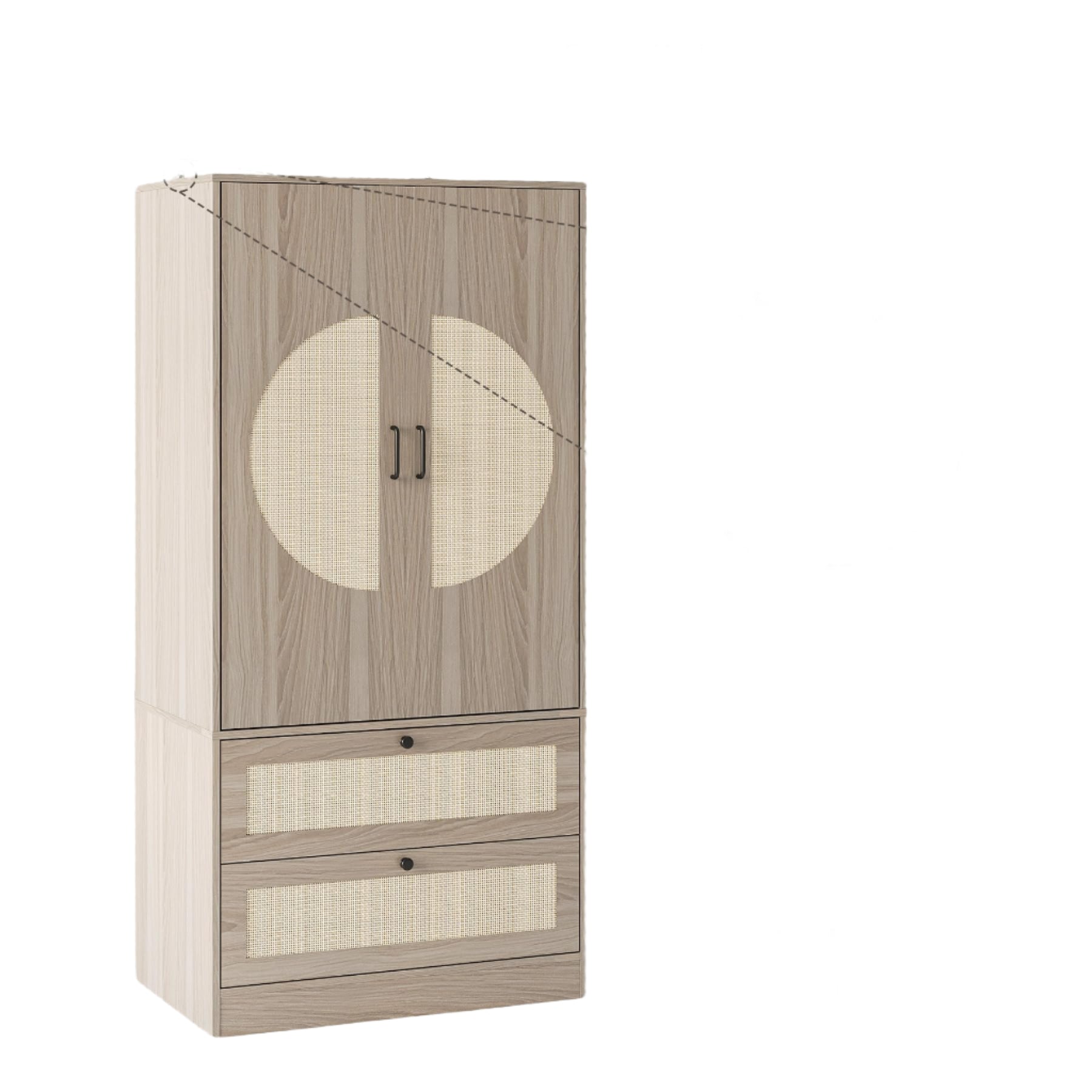 Modern Boho Wardrobe Closet, 65"H Wooden Rattan Bedroom Armoires