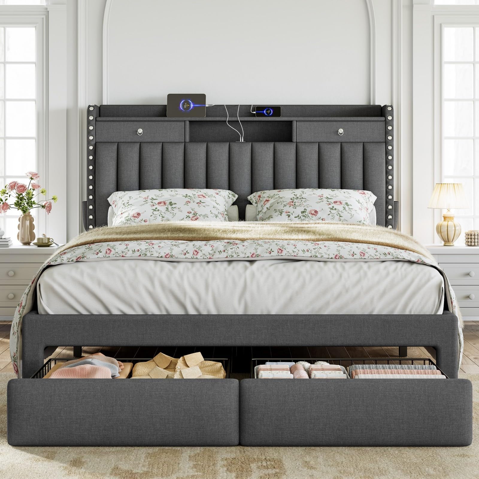 Size Upholstered Platform Bed Frame with 2-Tier Storage Headboard