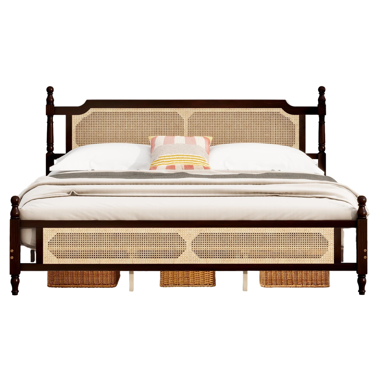 Pine Wood Bed Frame with Rattan Headboard, King Size - Modern Farmhouse Platform Bed