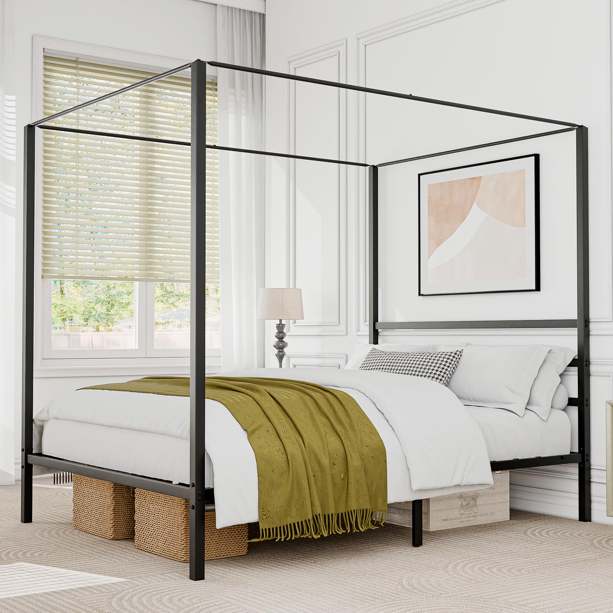 Canopy Bed Frame Queen Size, Metal Bedframe with Built-in Headboard Four